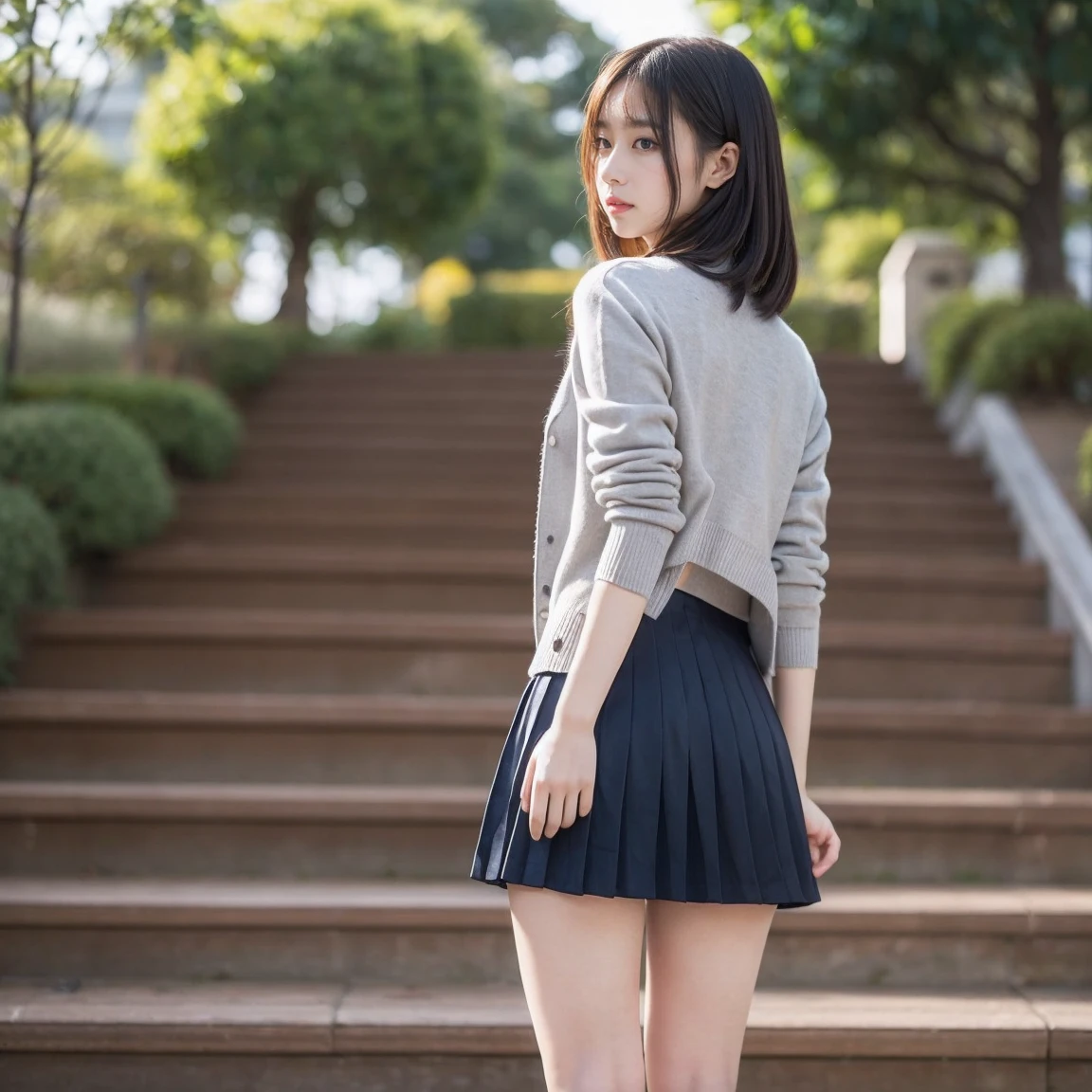 Masterpiece, highest quality, 8k, 18 years old, Japanese girl, slender, raw photo, absurd, award-winning portrait, (detailed face, smile), solo, school uniform, sailor uniform, short sleeve, idol face, super mini Skirt, short socks, thin legs, shoes, (descending the stairs, full body shot from the bottom of the stairs, full body shot from a low angle, detailed face), refreshing smile, slender girl, black hair, dark eyes, full body, digital SLR, Look at the viewer, candid, sophisticated, youthful, perfect whole body balance, (low angle), professional lighting, (eye and face details: 1.0), (bokeh: 1.1)