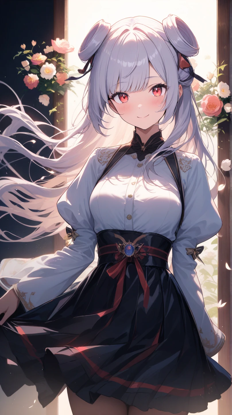 Masterpiece quality, Best quality guarantee 。Silver hair, Beautiful red-eyed girl。Tsundere, Exuding magic, Decorated with roses, Long hair fluttering in the wind, naughty big breasts, White shirt, black mini skirt , Genki girl, Behind her is a river,Smile 