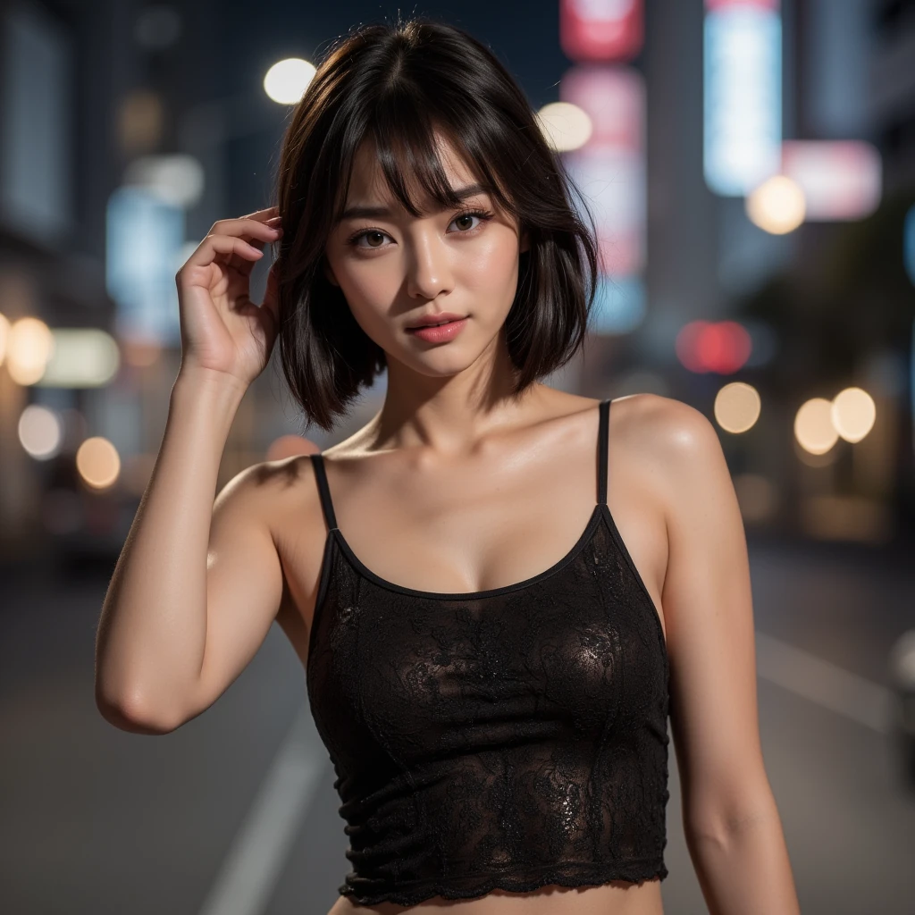 masterpiece photo, woman posing in a dark street, best quality, high res, 8k, 1girl, (large breasts), night, outdoor, (street:0.8), (people, crowds:1), gorgeous, (short hair), cityscape background, beautiful earrings, (dynamic pose:0.8), (upper body:1.2), soft lighting, wind, shiny skin, looking at viewer, (skin details: 1.2), neon sign illumination, soft red top light, (black high-neck dress:1.5, sleeveless dress, black dress: 1.5), film grain, Fujifilm XT3, dslr