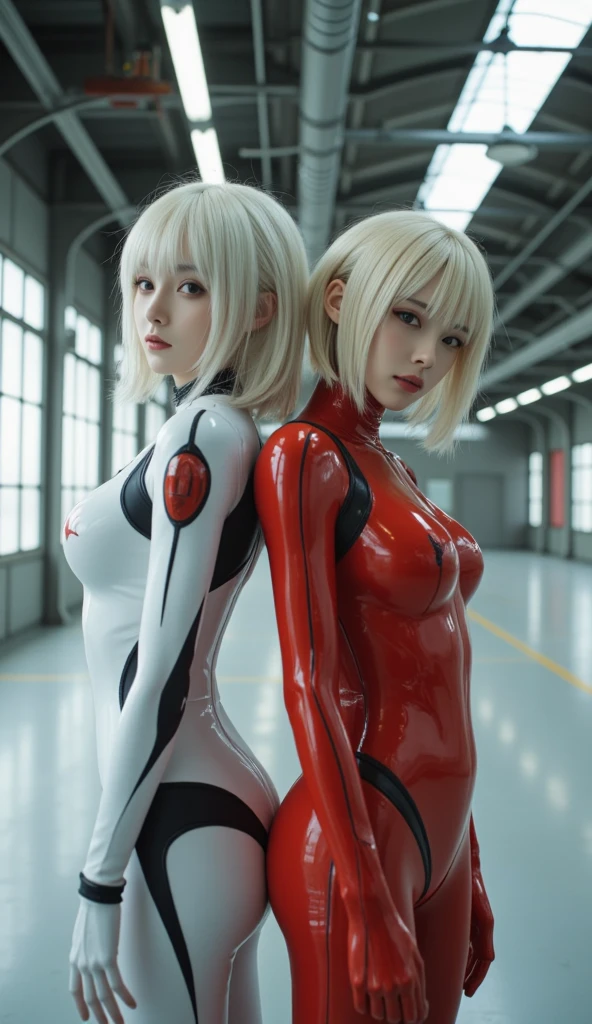 Uchu Sentai Space Monster、2 white female members、slender muscular body、silver steel body、Blue eyes shine、space background