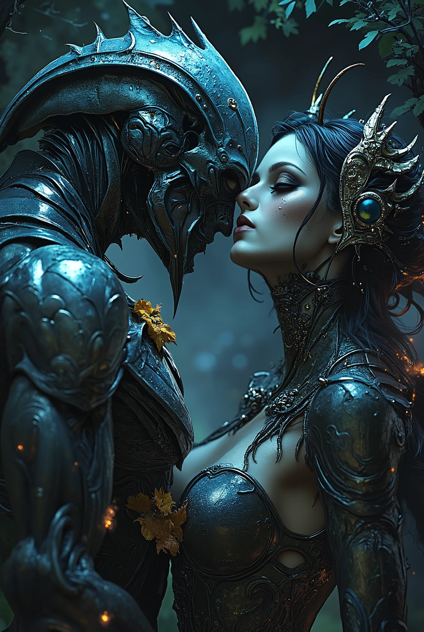 (Best Quality, 4K, high definition, masterpiece:1.2), (super detailed, photorealistic looking happy:1.37), photo taken by professional photographer, a beautiful, 1 extremely sensual prince of bugs, with 1 beautiful female flower spirit, kissing each other, detailed facial features, elegant posture, alluring expression, best quality, 4K, high resolution, photorealistic, HDR, UHD, studio lighting, vivid colors, fantasy scene, dark atmosphere, dramatic lighting, intricate details, macro photography, insect portrait, neon colored, dark moody lighting, by Greg Rutkowski