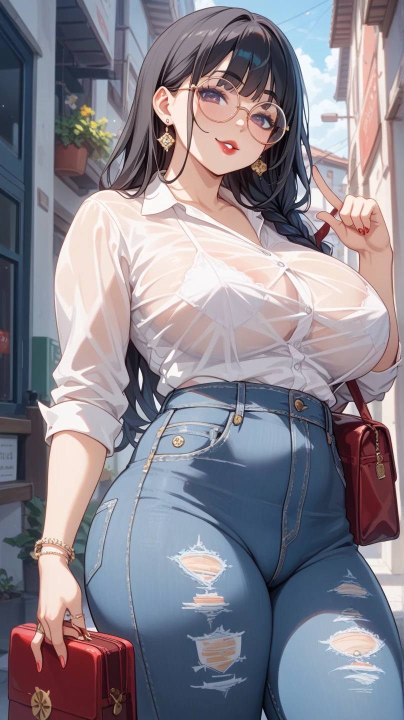 fashionable, Black long hair, Soft expression, cleveage,(Huge breasts、Cleavage, cleveage、Big Ass、Thick thighs)), Perfect body、 , skirt, Streetwear, on the street, Cowboy shooting