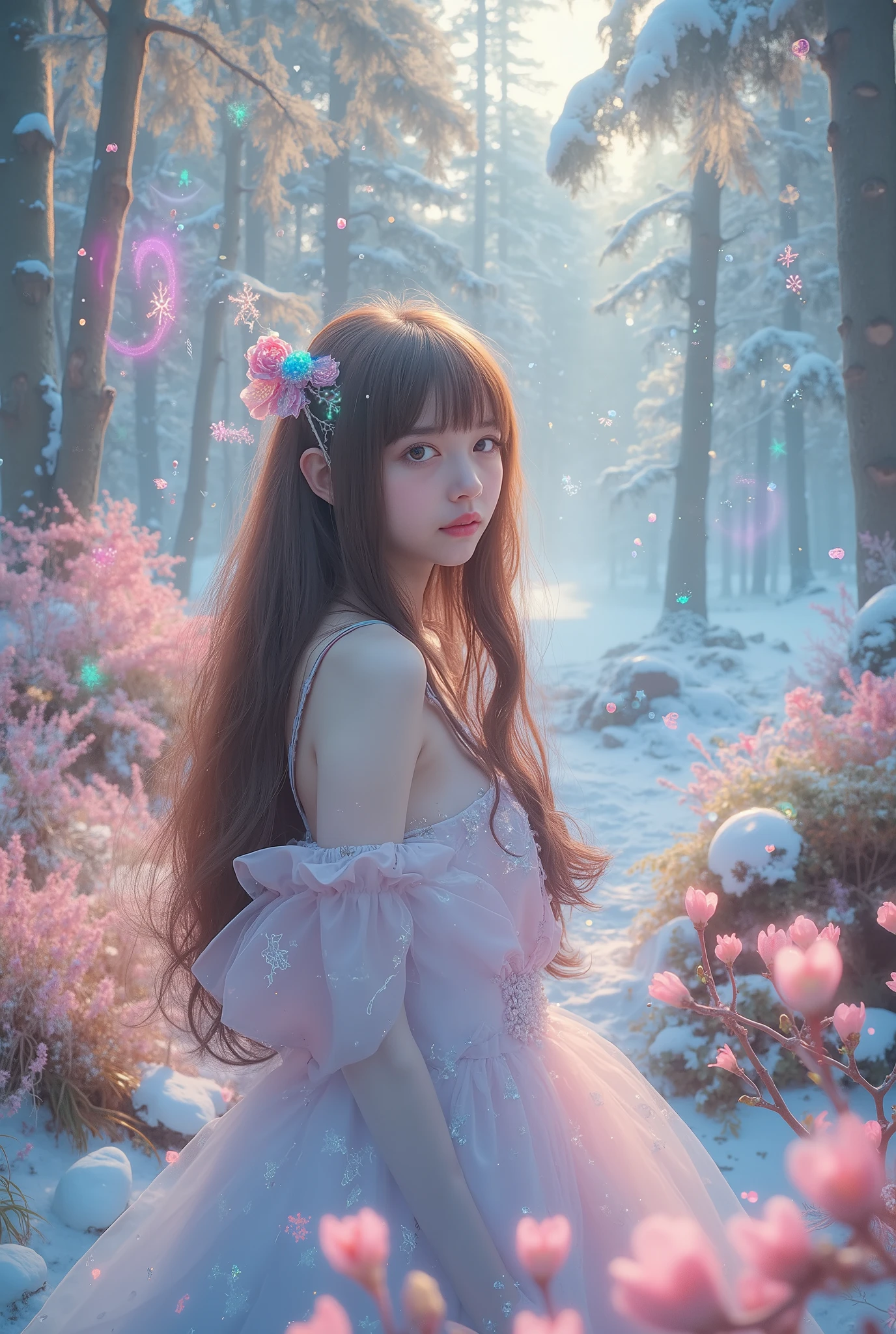 (Fluorescent color:1.4),(translucent:1.4),(Retro Filter:1.4), (fantasy:1.4), キャンディー ワールド ディズニー ランド エーテリアル ソフト フラフィー ソフト ランドスケープ フォレスト スノーアバター パステル ピンク スカイ グリーン ブルー スパークル エーテリアル ライト パステル fantasy ライト レインボー スター ダイヤモンド スパークル ジェムストーン バックグラウンド ハイパー リアリスティック ウルトラ クオリティー シネマティック ライティング 膨大な詳細 フル hd ペインティング 明るく照らされた,oblique bang,, Color Dress,Aside, masterpiece, best quality,real skin,(Portraits:1.5), 1 girl, Dull bangs, long hair