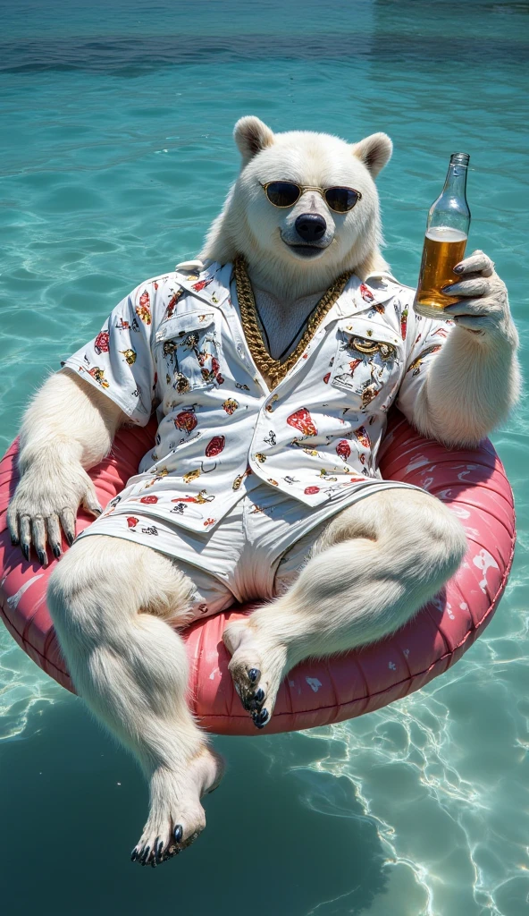 dad male polar bear blue eyes, laying on chair , no clothes , white briefs , watch  ,hands on sunglasses , smiling , under sun , spread legs , beach background, sunlight, sandals , high quality 