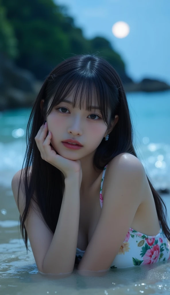 (Highest quality, 32k, High resolution, Masterpiece:1.5, ), marimo_jet, god々A photograph with brilliant dazzling and healing power., Evoking a sense of calm and elusive beauty, Expressing emotions, Have a rich imagination, Beautiful Japanese Girls, An exceptionally beautiful face, ((profile:1.3)), Small Face Beauty, Perfect Human Anatomy, Magical big eyes, Motherhood and generosity, Deep Love, fleeting smile, ((Shiny half-up black hair:1.4)), Asymmetrical bangs, Hair between the eyes, Transparent, soft white skin, Sharp eyebrows, Thin lashes, Natural Makeup, Cheek highlighter, Lips with fine detail, (Black Bikini:1.4), High resolutionの完璧な鎖骨, High resolutionの美しい胸元, Slim figure with ample breasts, High resolutionの美しい太もも, ((Beautifully detailed skies:1.2)), ((Vibrant petal effect:1.3)), Professional photographer, Professional Lighting, Professional models, god秘的