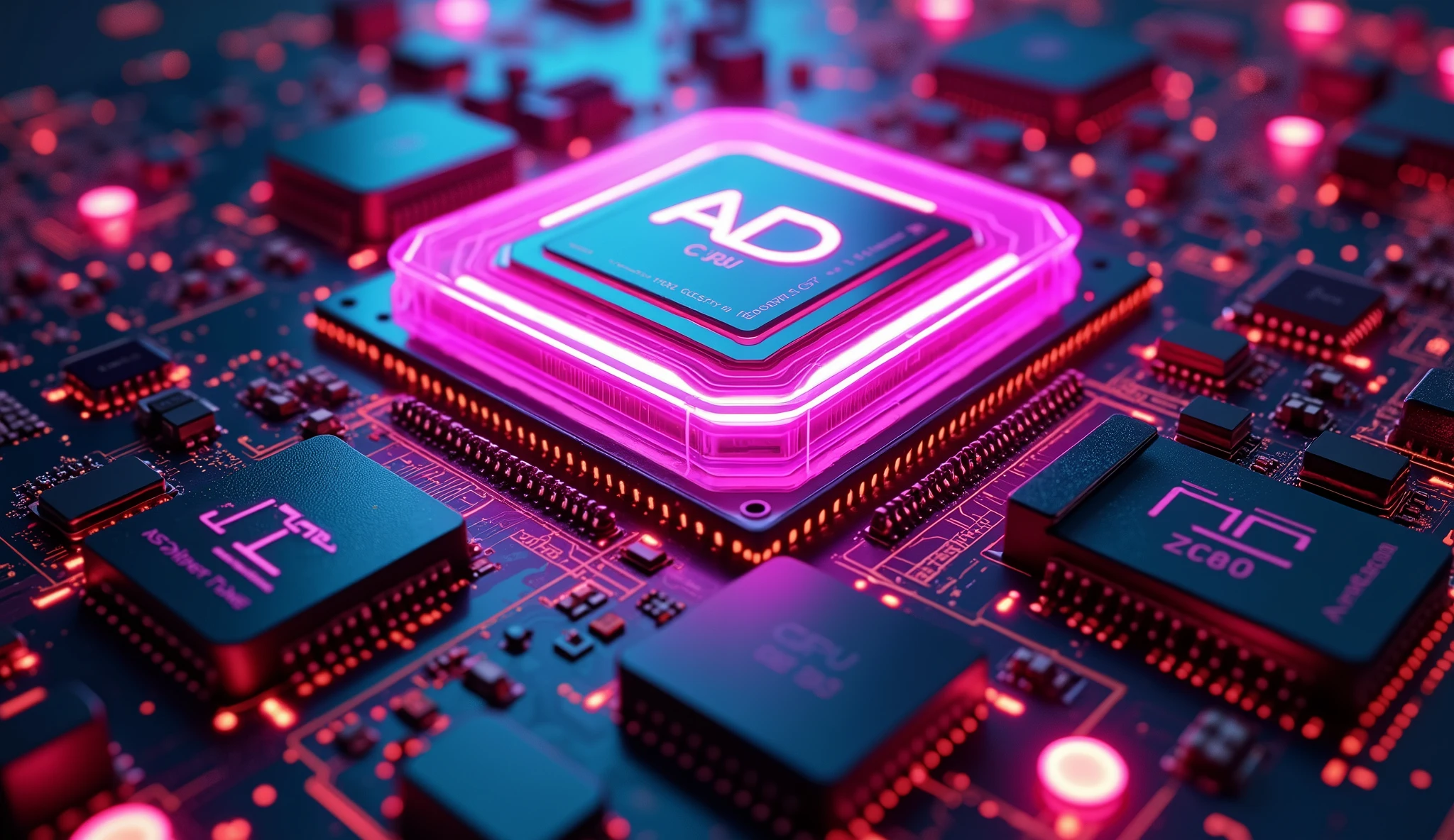 An award-winning image showcasing the full inner workings of a futuristic game developer computer system with emphasis on the CPU in the center of the motherboard in a top-down view. The motherboard has bio-robotic translucent features that enhance its ethereal presence. The rendering captures glowing magenta pulses of data flowing through the circuits from the main CPU. The CPU has the initials "AD" in magenta and contains retro CPU coprocessors such as the 6502 and Z80 nearby. Dramatic lighting emphasizes the raw processing power of the system, creating a breathtaking visual in a dark, foggy atmosphere. This scene is a testament to the blend of classic gaming and future technology in a cyberpunk society, showcasing hyper-detailed equipment and an immersive, realistic atmosphere that draws the viewer into a future cybernetic world.