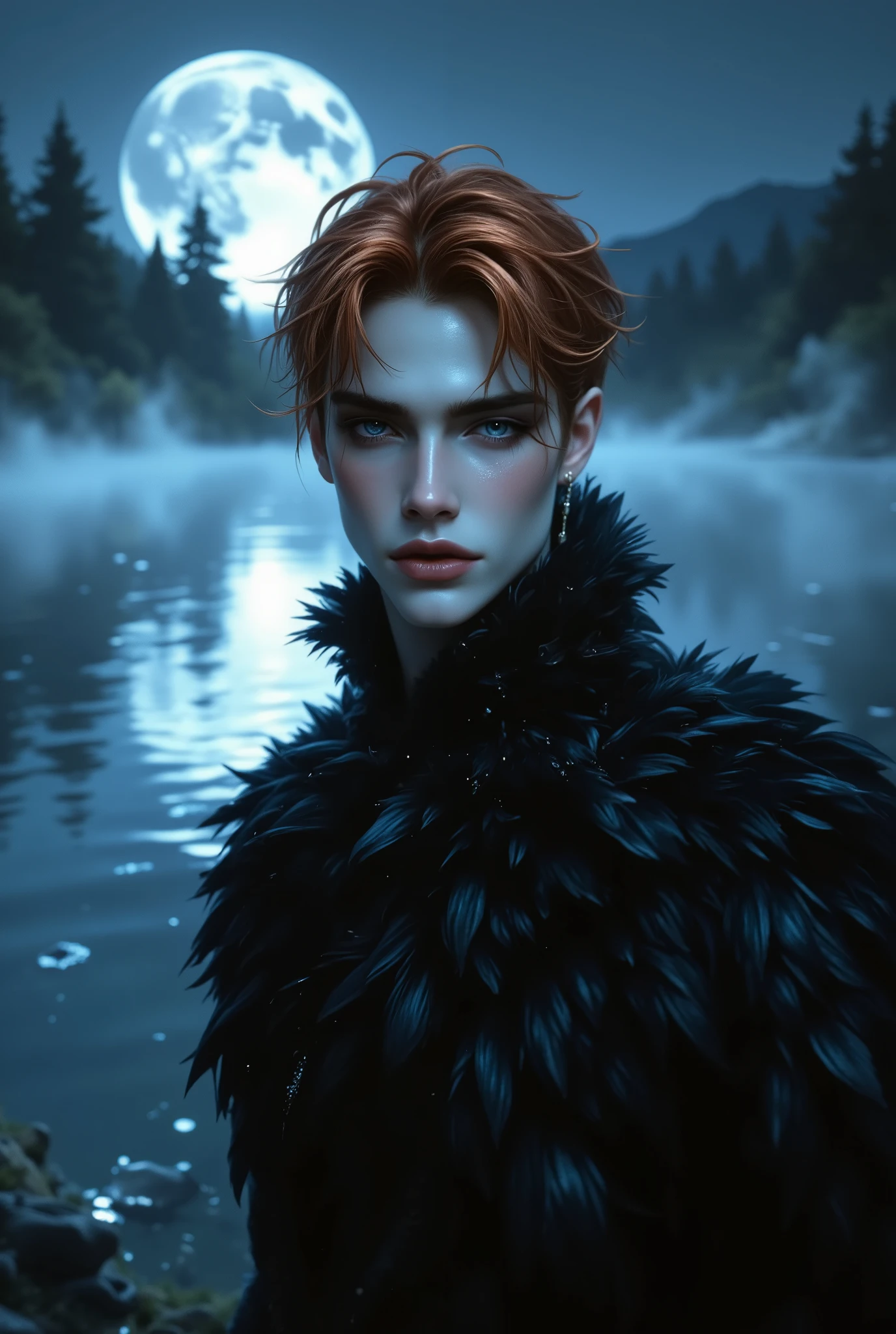 The Black Swan Prince, 20 years old, standing gracefully by a moonlit lake, surrounded by soft mist and glowing reflections, noble and elegant, mysterious and innocent, flawless pale skin, deep violet eyes that shimmer in the moonlight, tousled ginger red hair with a snowy sheen, gentle and commanding aura, delicate facial features with high cheekbones and sharp jawline, cinematic lighting with soft blue highlights, elegant and lean body, tall and poised figure, wearing a luxurious high-neck robe fully covered in black swan feathers, regal silhouette, fantasy-meets-noble fashion, ethereal beauty, anime-realism fusion, hyper detailed, ultra realistic, soft cinematic atmosphere, 8k quality
Negative Prompt:ugly, blurry, extra limbs, distorted, bad anatomy, poorly drawn face, glitch, lowres, watermark, unnatural lighting, deformed features, grainy, missing details