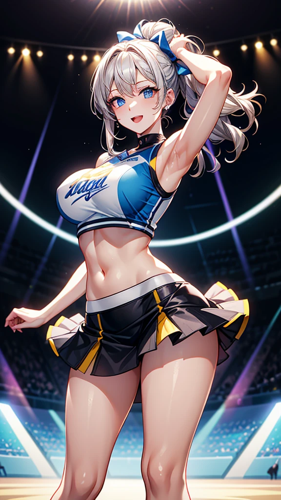 ((High resolution)), ((Lighting and color)), ((masterpiece)), ((in front of the viewer)), ((Focus and clarity)), ((Sharpness Settings)), ((exposure correction)), ((short skirt)), ((sexy)), ((micro bikini)),In a vibrant stadium filled with enthusiastic spectators, A stunning woman stands out with her white hair falling in soft waves over her shoulders. His blue eyes shine brightly, and her radiant skin adds to her striking presence. She wears a cheerleader uniform with a short skirt and a fitted crop top that highlights her energy and enthusiasm. With great joy, performs dynamic and precise dance movements, fervently supporting his team as the crowd joins in with cheers of support..