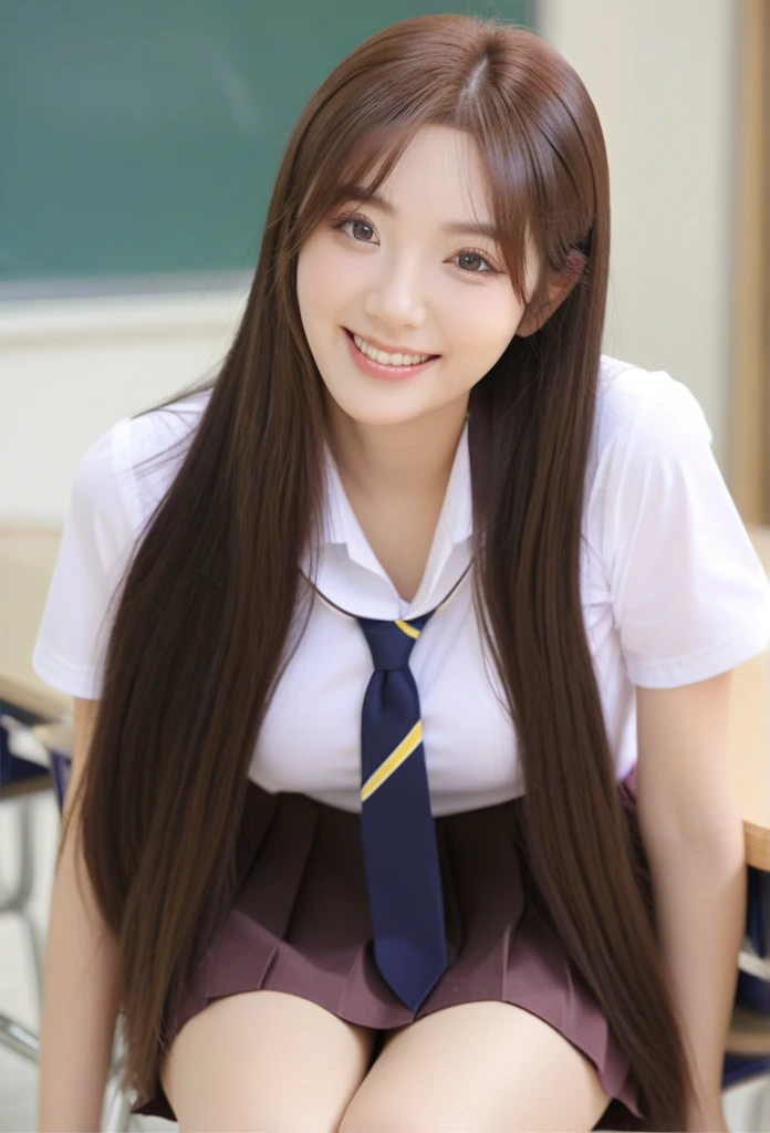 close-up of beautiful South Korean, Kwon Eunbin is a South Korean singer and actress, Yeon Bora is a female character Duty After School 2023 South Korean web drama, age 22 years girl, youthful face, perfect body, white body skin, very long hair, ((rapunzel long straight hair)), standard black hair, her hair is very straight and very smooth, very long hair and very straight hair, 38 inches  size, big  cleavage, wearing a female high school uniform with a white short-sleeved t-shirt and light chocolate hot skirts, Bora looks sweet and beautiful, Bora smiles in a very friendly and carefree way, Bora sits in the high school class very enthusiastically with her close friend,  looking pose, pose a  look, pose looks , at the high school class, high school class background, UHD