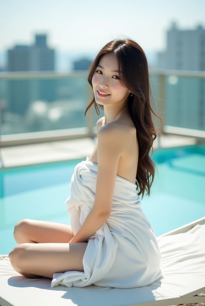 ( highest quality、8k、masterpiece: 1.1 )、( one woman : .1 )、she is in the steam、The background is a snowy Japanese stone open-air bath and Japanese garden.、There are stars in the night sky、open-air bath at night、Depicts wet, shiny skin。The moonlight illuminates the woman's figure。It's snowing、smile、Detailed facial and skin textures、Crystal clear white skin : 、fine eyes、double eyelid、beautiful woman with very perfect figure: 1.( wide angle : 1)、Medium long hair、hair blowing in the wind、full body shot。Sitting with legs apart 1.2、seductive pose。Wearing a bath towel on your skin : 1.2、