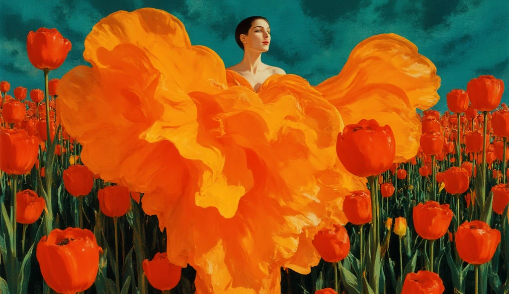 woman floating in the air, (multi-color hair), limp body, asleep, vibrant opalescent lighting, flecks in the air, dynamic lighting, warm color pallet, knit, brocade, gold carp, strange black fish, poppies, swirling air movement, wide angle, full body view, loose fabric, geometric shapes, small breasts, sherbet, persimmon, up-do hair, Bauhaus, geometric shapes