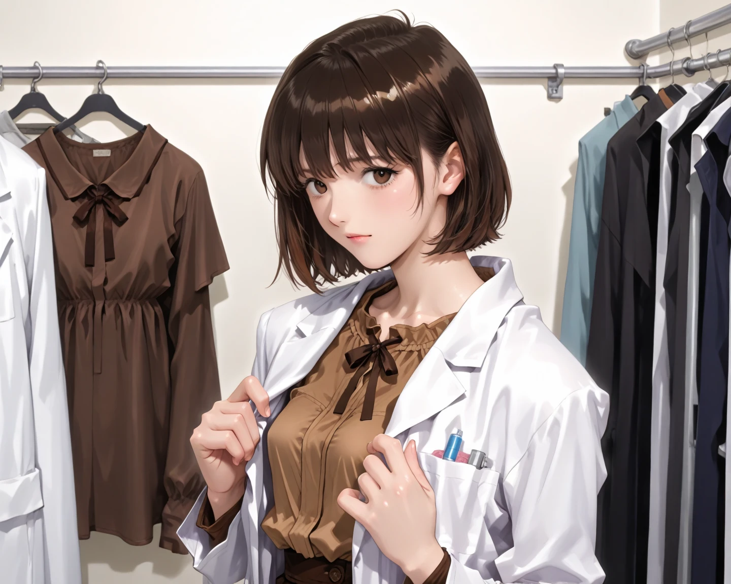 ((masterpiece, best quality, high quality)),1 girl, (Lower Body, hospital), (doctor_, lab coat,, doctor),breast,Lipstick,Smile,Brown eyes,Black short hair,There is no sea left in front of the forehead