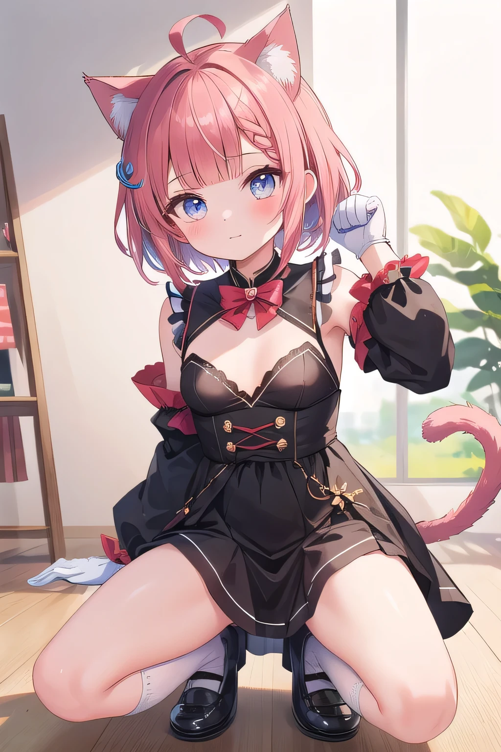 the figurine has a dark black skirt, a red top with black cuffs, and a pink bikini bottom, 1girl, solo, animal ears, cat ears, cat tail, tail, animal hands, paw gloves, thighhighs, black thighhighs, ahoge, pink hair, underwear, panties, navel, bow, short hair, looking at viewer, kneeling, paw pose, small breasts