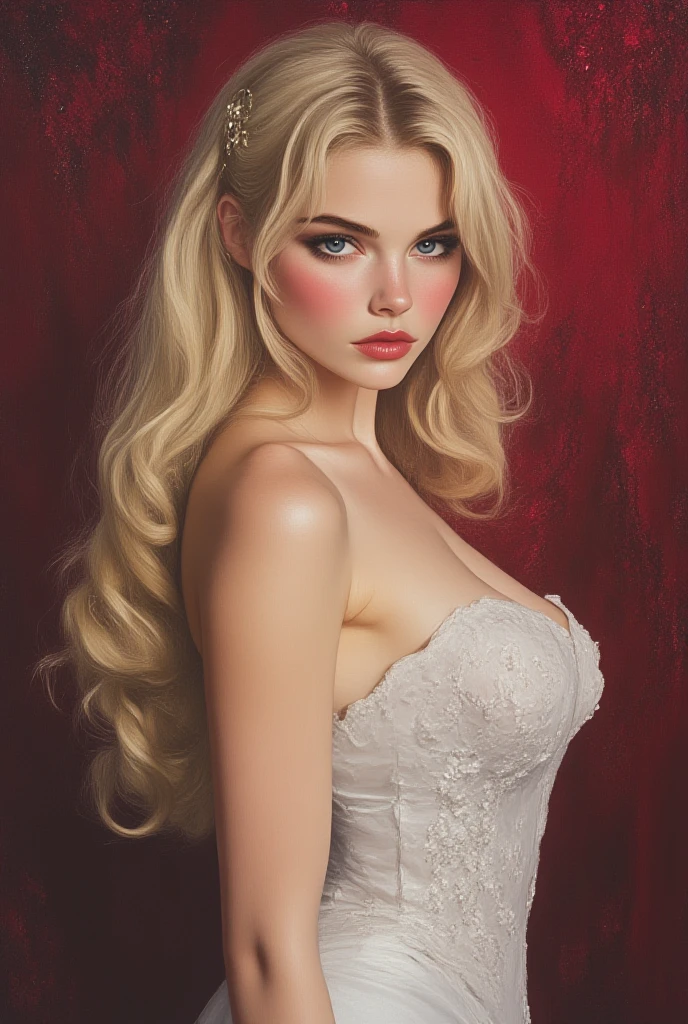 (8k, 4k, best quality, highres, ultra high res:1.1), (masterpiece, realistic, photo-realistic:1.1), 1girl, face, close-up, twintails, blonde hair, black eyes, red lips, (looking at viewer:2), absurdly long hair, long eyelashes, eyeshadow, small face, big eyes,
bare shoulders, no bra, see through shirt: 2
high contrast,
