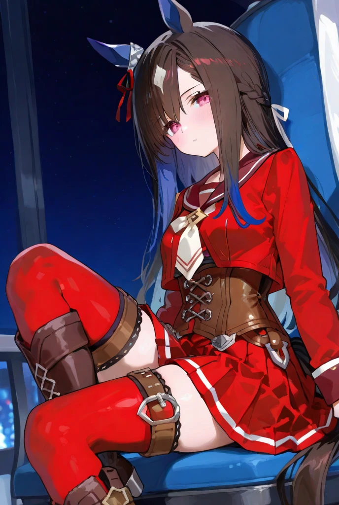 (top-quality、hight resolution、beatiful detailed eyes、White lighting:1.2、)、Soio、red eyes、looking at the viewers、length hair、Dark hair、long boots、Black footwear、red blush、long-sleeve、bangss、Dark hair、doress、brown haired、White skirt、frilld、skirt by the、Kamimei