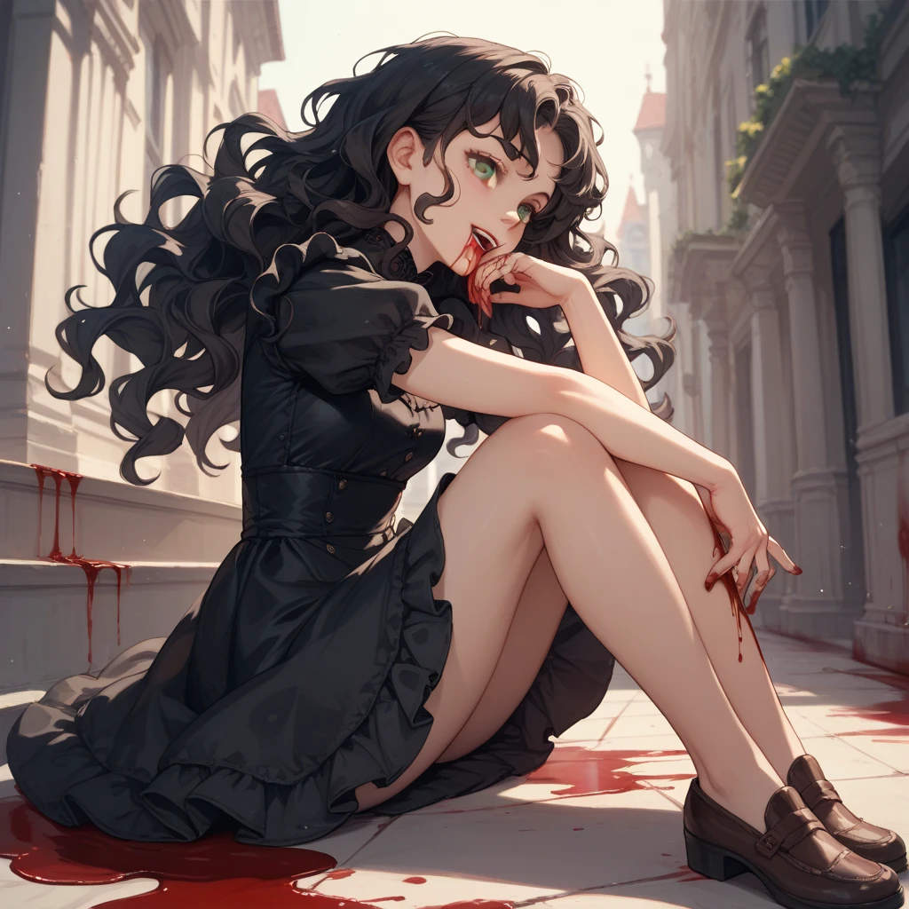 Masterpiece, best quality, from above view, 1girl, ((goth)), ((pale_skin)), sharp teeth, horror, messy hair, looking up, runny makeup, goth, horror, evil laugh, spooky, broken black paiamas, , kneeling on floor, wooden chamber, (bloody strange eerie sign, scratched), ((splashed blood on floor)), darkness, cruelty, low light, hyperdetailed, high_res