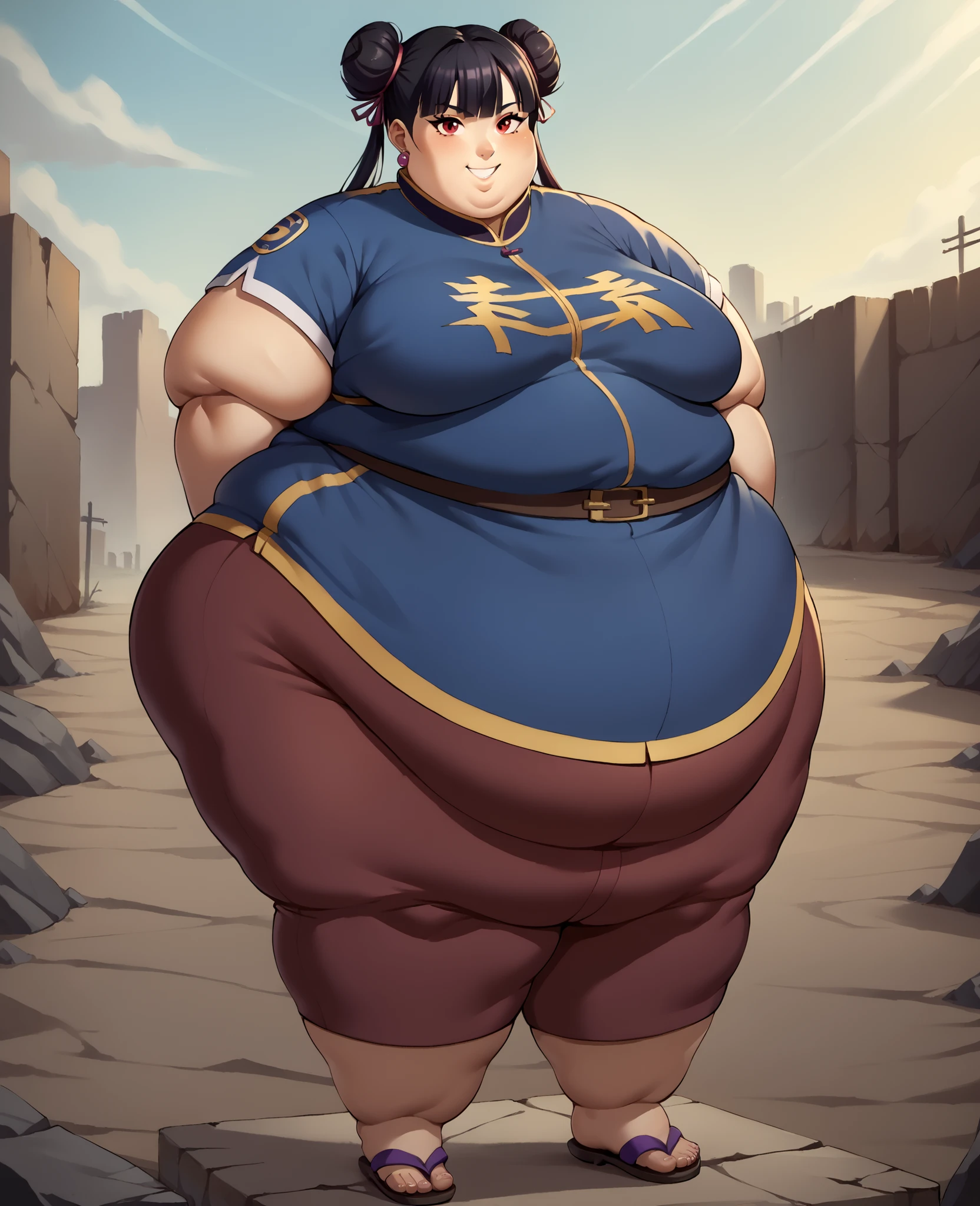 score_9, score_8_up, score_7_up, score_6_up, score_5_up, score_4_up, BREAK, source_anime,
1girl, black hair, blunt bangs, double bun, long hair, red eyes, twin tails, breasts
purple cheongsam, sandals, SSBBW, fat, 500 lbs.,
hands behind back, smile, full body, looking at viewer, solo, outdoors, wasteland