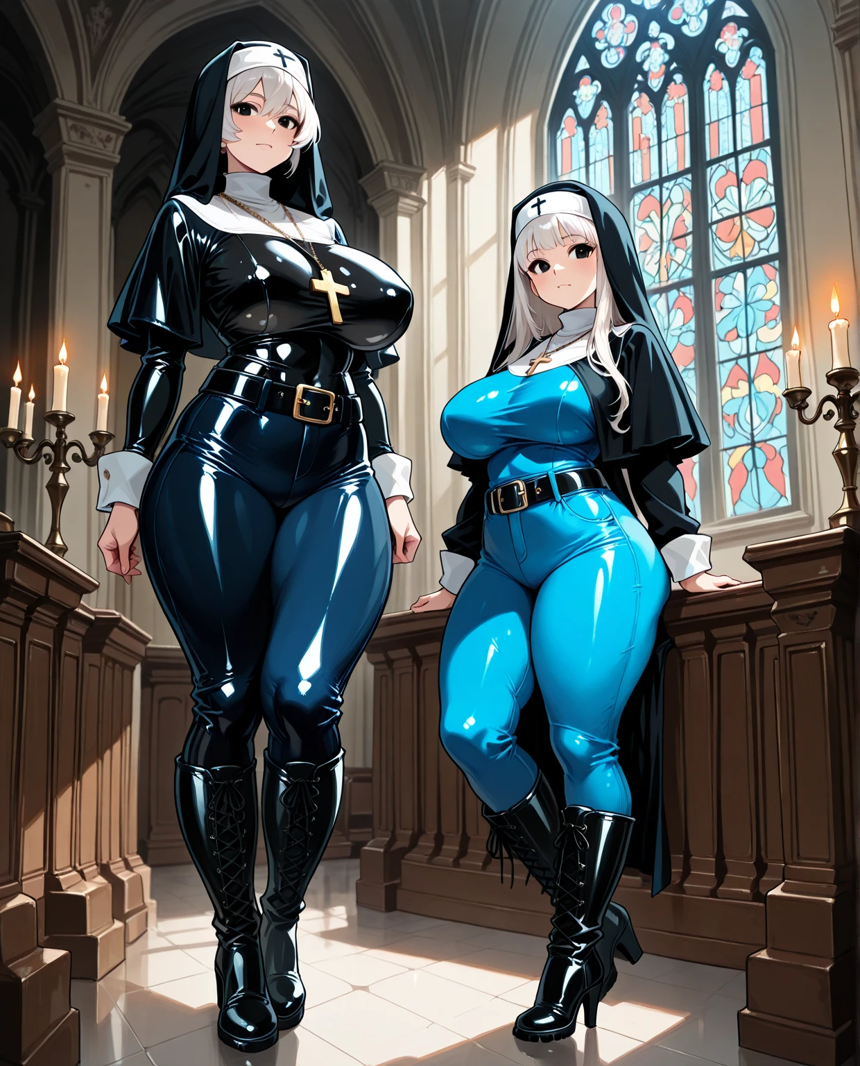 score_9, score_8_up, score_7_up, (Rainbow Six Siege\),ela, ela \(Rainbow Six Siege\ ,dark theme, low light, bedroom in church, church bedroom, 1nun, lustful expression, naughty smile, chubby, voluptuous, hourglass figure, huge breasts, ((wide hips, thick thighs)), ((protruding labia and clitoris)), tall female, blonde haired female, blue eyed female, dark mascara, blue eyeshadow, dark ruby lipstick, rose blush, cleavage, clothed female, lemon0033, latex nun outfit, (((open breast, exposed nipples))), ((((underbust bra)))), latex elbow gloves, (((latex full bodysuit))), (((((crotchless bodysuit))))), ((long latex cape)), NegfeetV2, latex thigh boots, latex platform stiletto heels, ((thin hoop earrings)), (very small cross necklace), femdom, female dominant, dominatrix, full body image, hands on hip