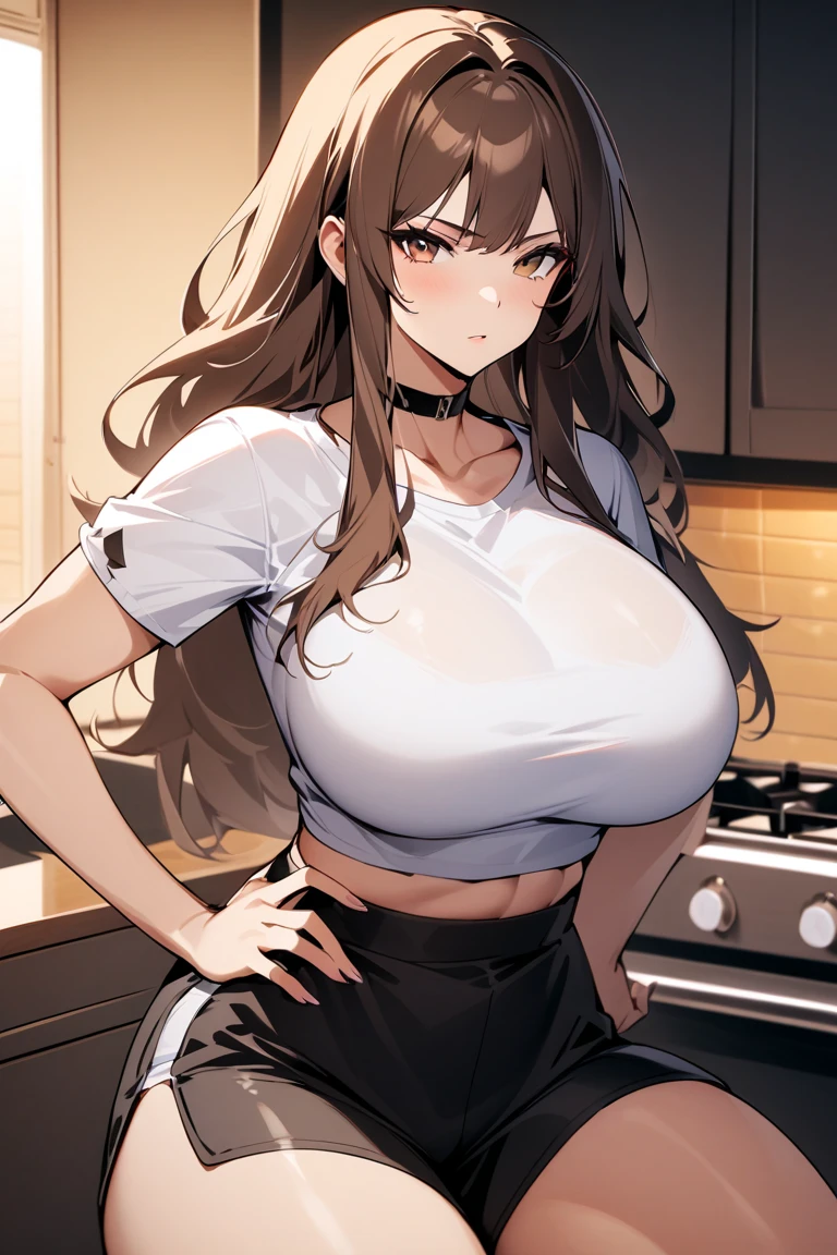 NSFW, masterpiece, best quality, highres, manhattancafe, ahoge, yellow eyes, (hair over eyes:1.2), hair between eyes, horse ears, horse tail, blonde, necklace, earrings, kogal gyaru, jewelry, hair ornament, bracelet, (tan), (makeup), polished nails, long fingernails, sagging breast, huge breast, dress shirt, red skirt, pleated skirt, bra peek, leopard print, dark skin, 😄, hands on hip, thighhighs, pussy juice