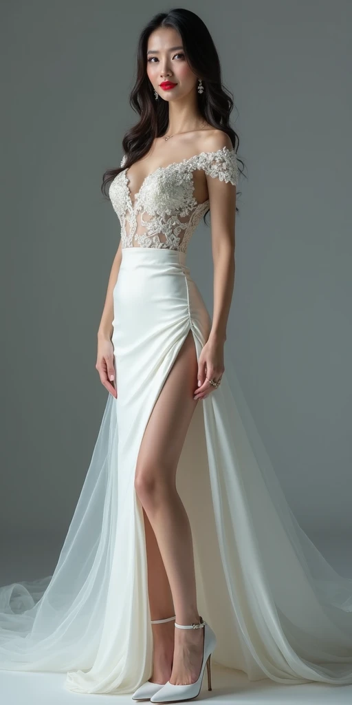 Picture of a beautiful malaysian princess with milk tea hair colour, wearing a white luxurious shining dress with Malaysian independence themed designs such as malaysian flag and hibiscus petals, wearing luxurious heels, background black with a back light and a LED name "AYA", photo of full whole body