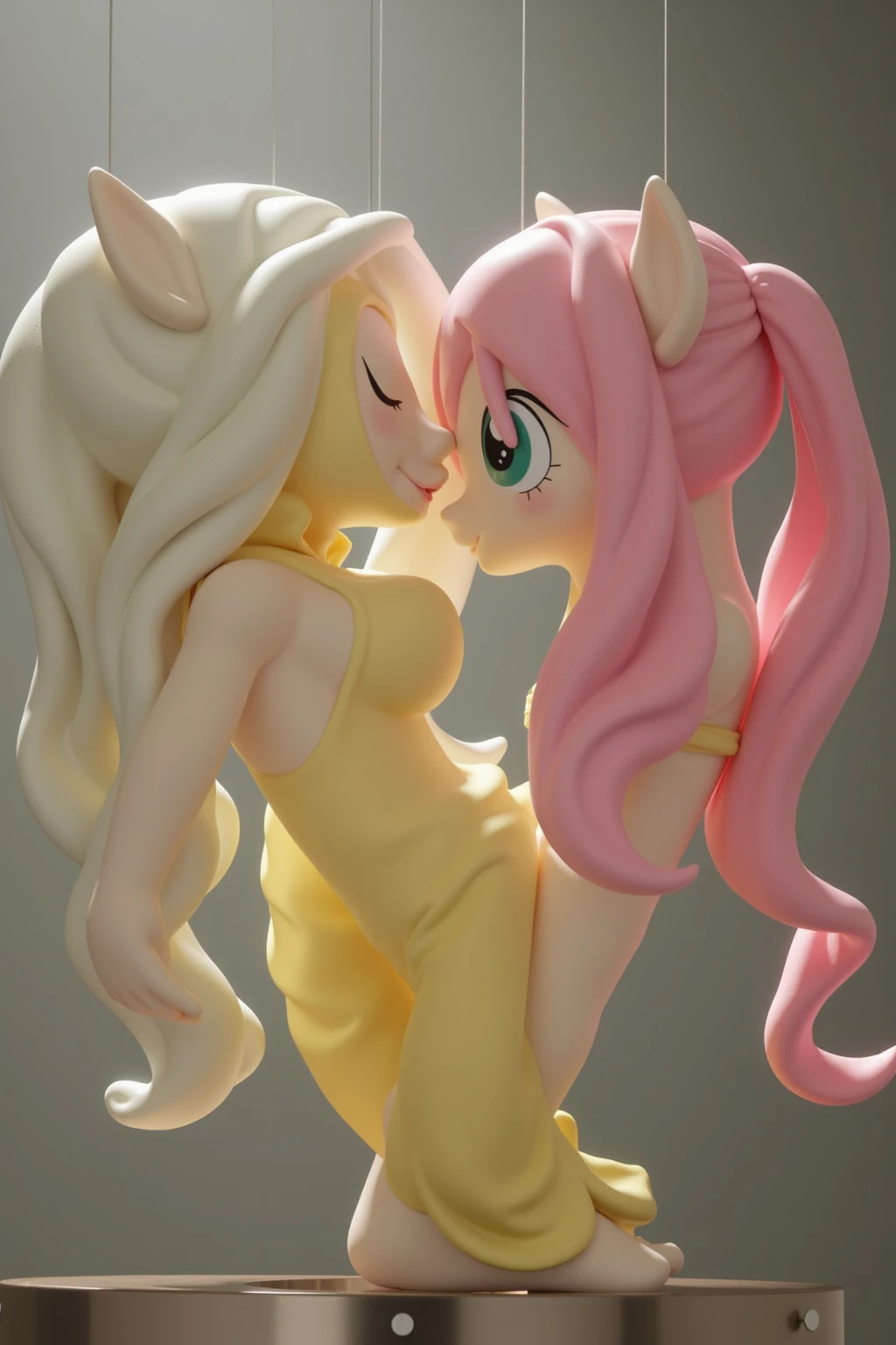 My little pony, anthro, (fluttershy), opened her mouth, and strings of saliva stretched, (white panties pulled down slightly), big breasts, heart collar, earrings, piercing, black eyeshadow, black nails, transexual, (bulge), tattoo on butt, femboy, feminisation, kiss