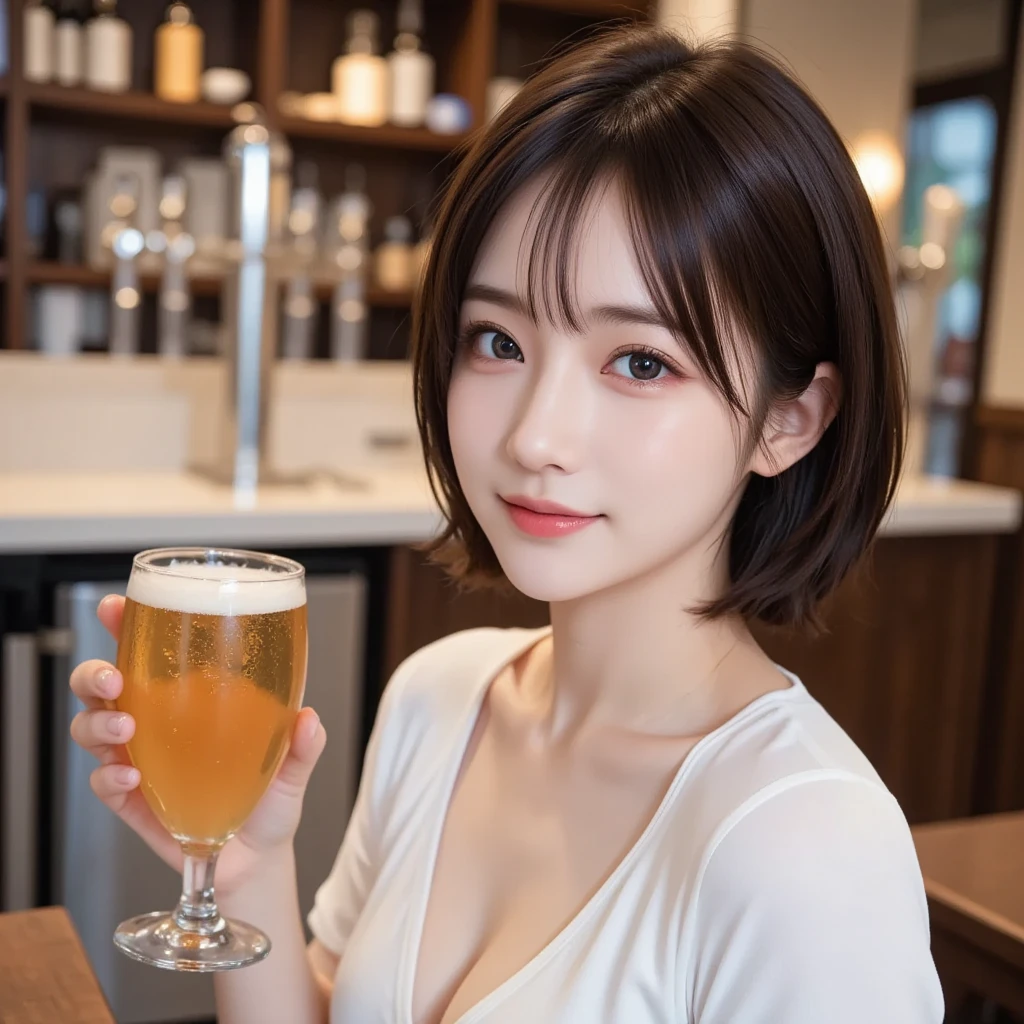 (high quality:1.2,Ultra-realistic) 、Detailed face、Fine grain、Beautiful Japanese Women、22 years old、short hairやアップヘアのランダムなヘアスタイル、Black Hair、Big Breasts,Cleavage、The treasure chest is on the table、Tank top、Sit at the table, (Big smile,Happy expression:Pure joy). she has (short hair) and、 Put a big beer mug on the table、Looking into the camera、blush:2.5,Fair skin、Multiple moles、Sweaty、Glowing Skin