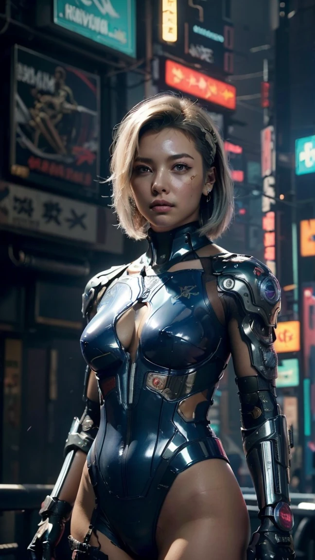 (photorealistic Realism 16K Quality, ultra-fine digital art), (Hyper-realistic proportional body, anatomically correct:1.3), (((beautiful cyberpunk woman))), ((upper body to navel shot:1.25)), Portrait, ((Short, bright Blonde, messy hair)), Black Eyeshadow, ((futuristic cyberpunk nylon, leather, latex, street style:1.3)),((futuristic biomechanical cyberpunk implants:1.2)), (Urban Background:1.35), Heavy makeup, Digital Art, Trending on Art Station, highly detailed, The finer details, Complex, beautiful detailed glow, (detailed beautiful, slim and sharp-face), (light pale complexion). BREAK, (best detailed brown_eyes:1.3), ((Hyper-realistic sharp real human eyes)), (tired and sleepy and satisfied:0.0), ((close up of a woman's eyes:1.18)), perfect round eyes, (finely detailed pupils:1.3), (neon lighting), High resolution, Sharp focus, Smooth, This work is in the style of (science fiction futurism) with a ((cold palette)) that adds depth and richness to the scene, creating a sense of ((anger:1.2)) and ((Cold)). (The landscape) is harmoniously balanced, inviting the viewer to immerse themselves in the atmosphere of the cyberpunk city, feel the breeze and listen to the gentle ((falling rain)).