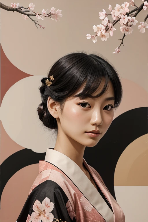 Miss Japan, nature, Flowers, Hold object,  Traditional Japanese Kimono, Dark Hair,  Updo hairstyle , Retro style, 户外环境, sunshine, Cherry Blossom Branches, Cherry Blossom Trees,  peaceful atmosphere , from above in bauhaus art style, minimalist triangular and circle design, intricate details on face, each captured by shapes in the hues of sunset, vermillion, amber, purple gold, crimson and pink colors with a few black and white shapes, beautiful woman face of a young Japanese woman