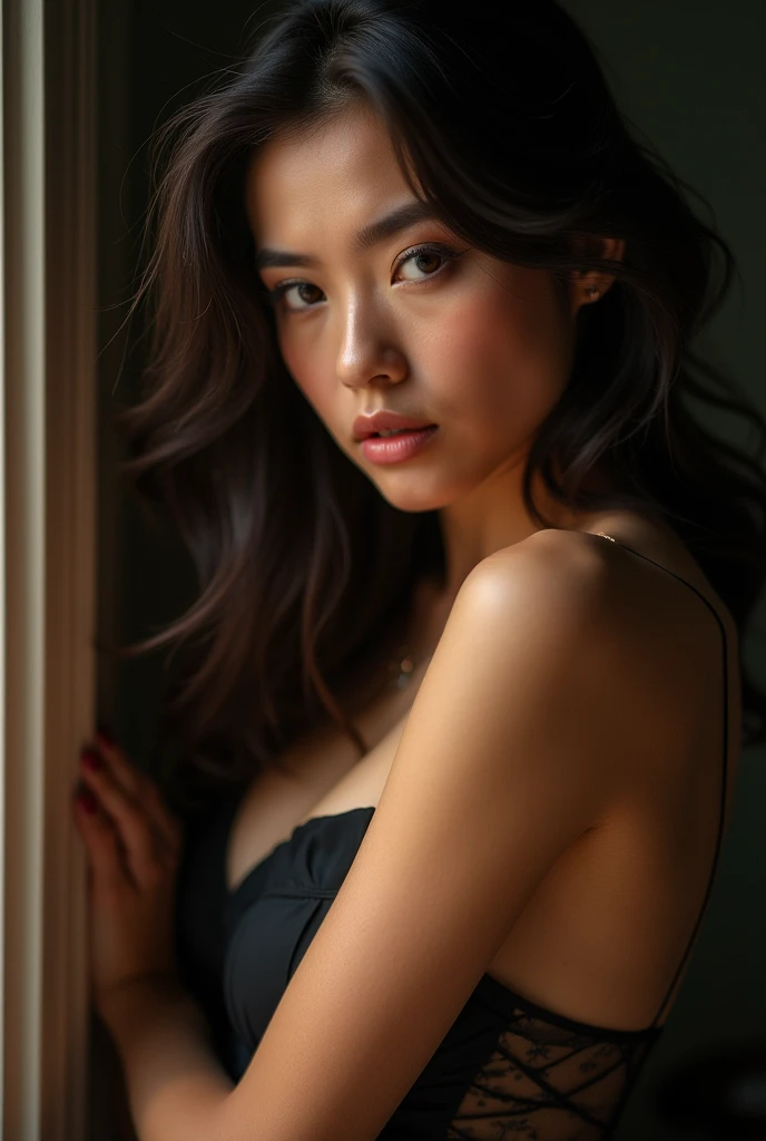 woman bathed in soft light, leaning against a wall, looking into the camera in a moment of raw emotion. Her attire is minimal, accentuating her beauty with the dramatic shadows cast by the lighting. The background is stark, with sharp contrasts highlighting the contours of her form. The blue and black palette intensifies the mood, evoking a sense of mystery and allure. Subtle film grain and meticulous shading add depth and texture, emphasizing the emotional gravity of the scene. The lighting creates a chiaroscuro effect, accentuating her expressive pose and the intense atmosphere.