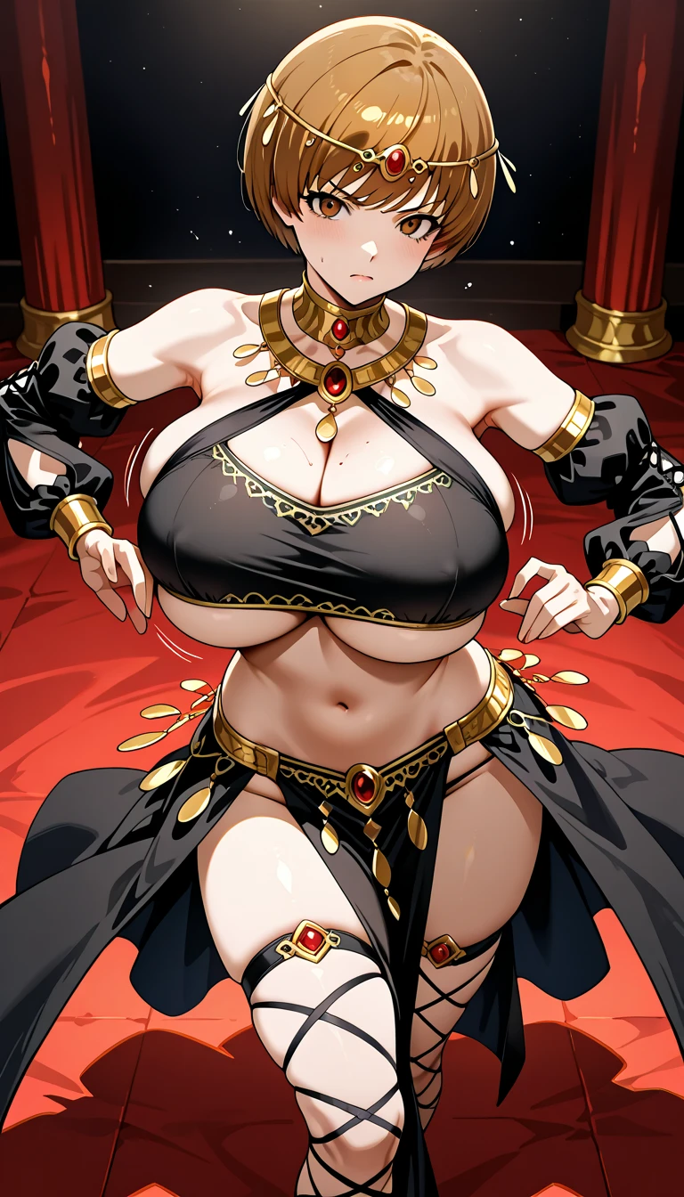 (((Plain background 1:2))) (masterpiece, high quality: 1.1) 1girl full body standing, hairstyle with a braid, white colored hair, yellow eyes, perfect lighting, muscular, thighs, mature woman, mummy, bellybutton, abs, looks at the viewer smile RED CHEEKS, extremely huge breasts, maternal, porcelain skin, extra very long hair, sparkly skin, good face, chest cover, HANDS ON HIPS