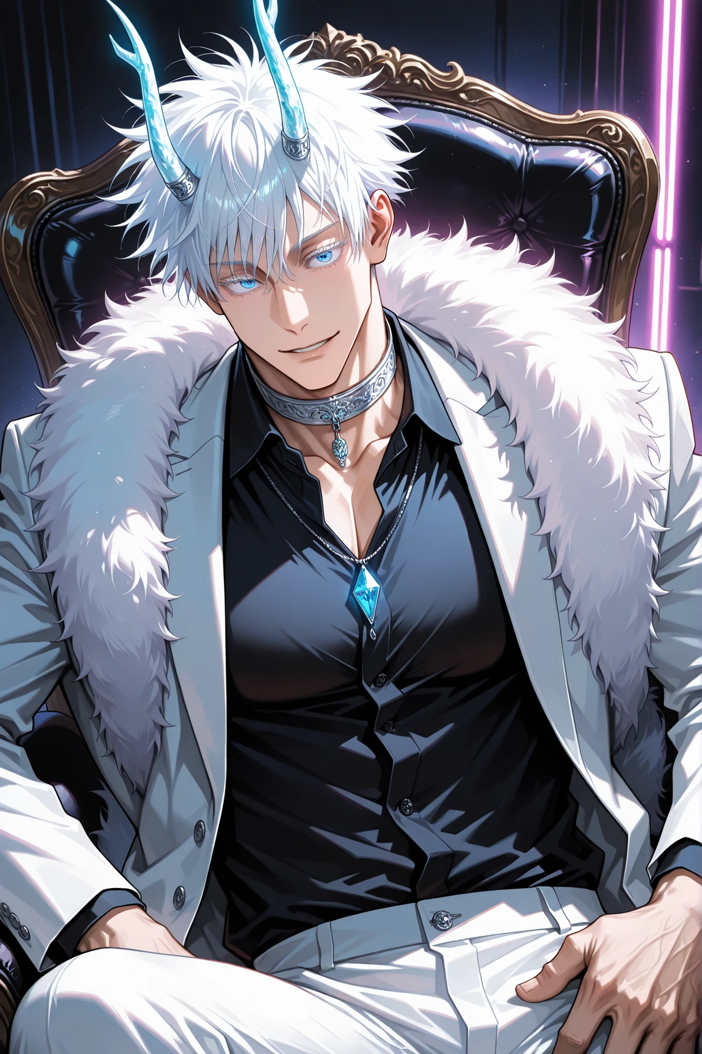 1man, gojou satoru /(jujustu kaisen/), detailed eyes, blue eyes, white hair, short hair, detailed eyelashes, colored eyelashes, sexy man, trained body, muscular, handsome, cool, mature man, adult, male, elegant man, heterochromia, fur boa, black shirt,Collar shirt, cleveage,white suit jacket, white pants, silver jewellery, horn jewellery, emotionless, bust shot, face in focus,sitting, leather chair, dark room, neon lights, close up, facing viewer, dragon horns, dragon tail, white dragon tail,intensely saturated lighting effects, luminous reflections, HDR-like contrast, vibrant color palette,glowing lights, vibrant reflections, surreal lighting, HDR effect, cinematic vividness,bright eyes, bright effects:1.1, contrasting colors,