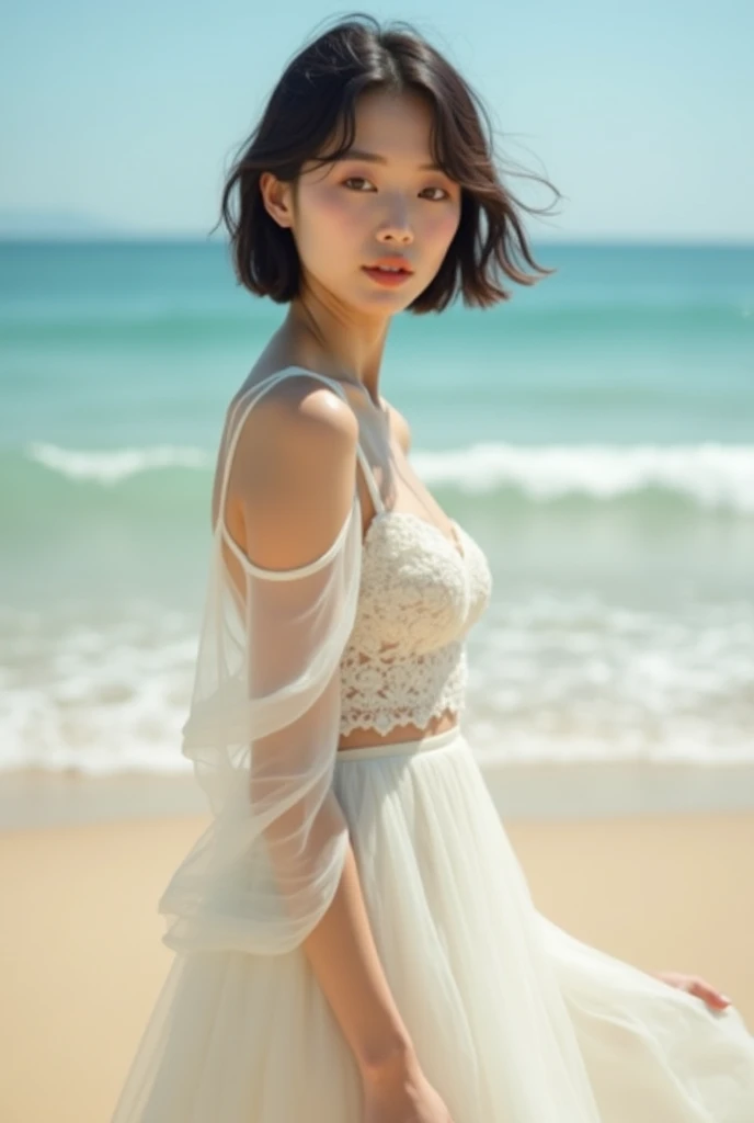 Superior Quality、​masterpiece、portrait of a full body、(Photorealista:1.4)、Kuru Photos、a、Detailed facial texture、Cool summer beach without bikini、