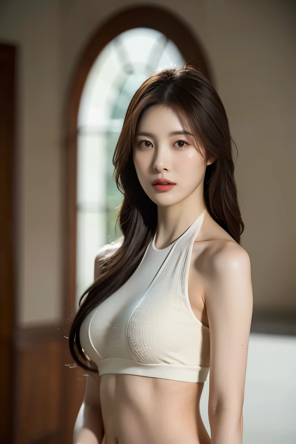((top-quality、8K、masterpiece:1.3))、Beautuful Women、1girl in、Colossal tits:1.3、Slender Abs:1.1、Camisole、cleavage of the breast、Long Black Hair、hyperdetailed face、very detailed lips、A detailed eye、