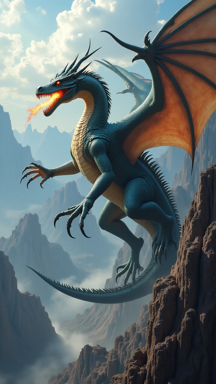A highly realistic, detailed depiction of a fearsome dragon, exuding power and intensity. The dragon is massive, with scales that glisten in the light, showcasing intricate patterns and textures across its body. Its wings are spread wide, with every membrane and claw rendered in sharp detail. The dragon's eyes are fierce and piercing, glaring menacingly as it locks its gaze onto the viewer. Its teeth are bared, and smoke curls from its nostrils, adding to the sense of danger and raw power. The overall scene is filled with tension and energy, with the dragon's imposing presence dominating the image.