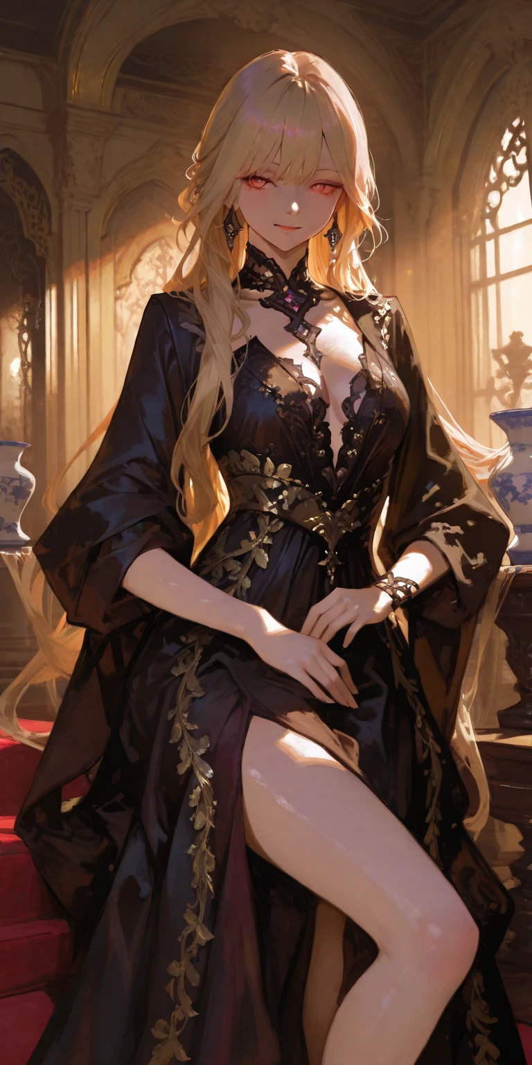 ((masterpiece)),(top quality),(best quality),(((ultra-detailed , 8k quality))), (large masterpiece digital art), (detailed manga ilustration) ,(detailed line art) ,((perfect anatomy)), extremely detailed body, extremely detailed legs, perfect legs, BREAK, Lady wearing a ((long elegant black split-leg dress with extreme golden embroidery)) with matching thigh highs.