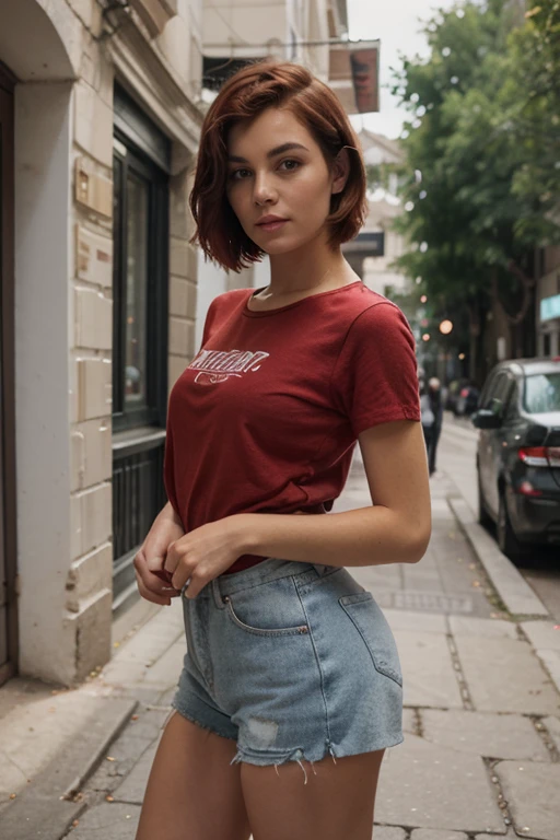 Emily Richardson, 1girl, solo, (((consistent face and image))), ((20 years old)), realistic, photorealistic, (red cranky hair), short hair, (((Caucasian mature woman))), (Swiss woman), (Swiss nose), (Swiss thick lips), posing outside the Iconic landmark, perfect for classic Parisian backgrounds, upper body and upper legs, smirking, standing, wearing In style in trend Generation-Z modern wear different colored,
