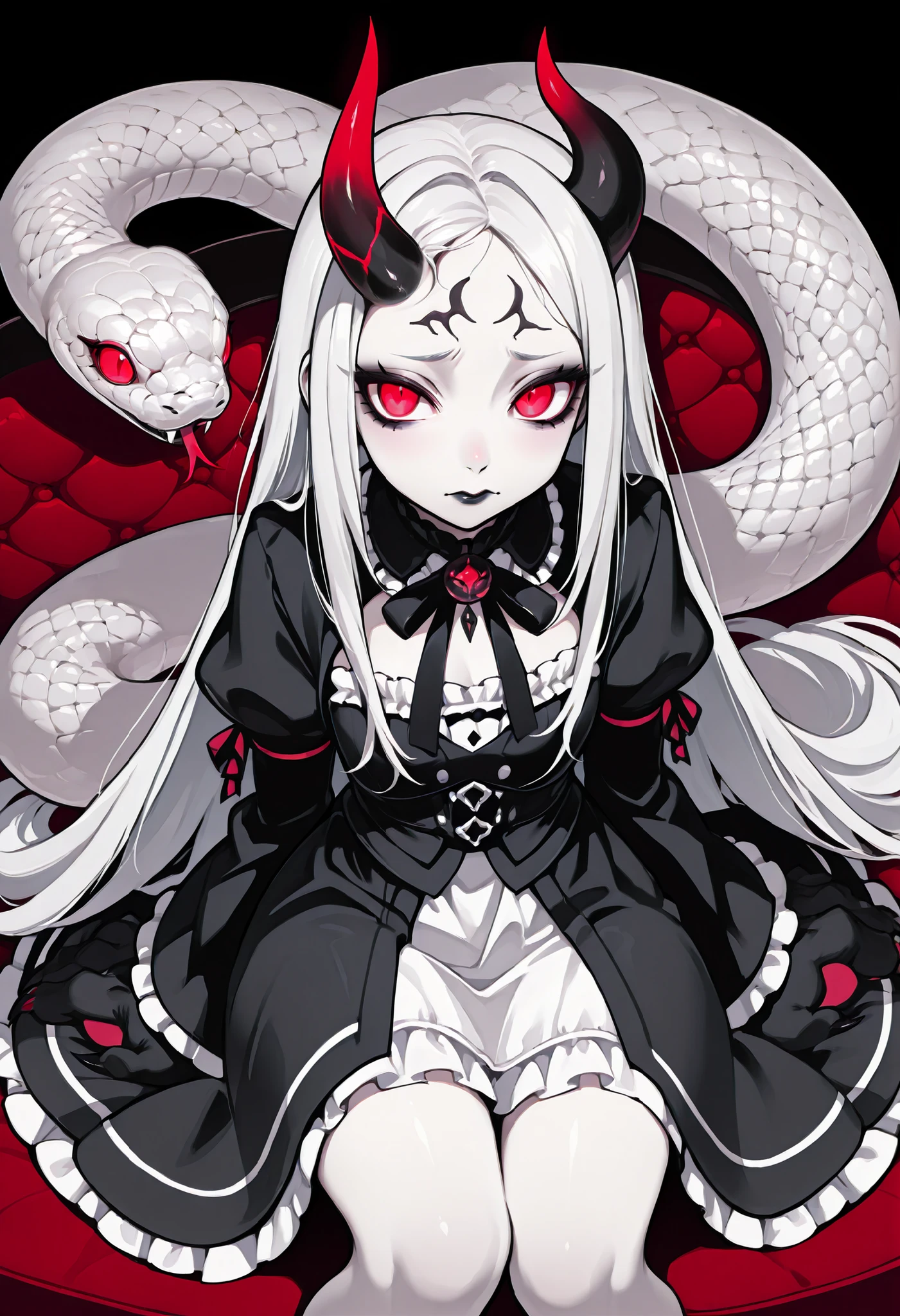 A girl in a gothic dress. White hair. Long hair. One-sided horn on forehead. Worried eyes. Glowing red eyes. Black lips. Black costume. White frills. Big hands. Sharp claws. Sitting. A snake nearby. A big snake.