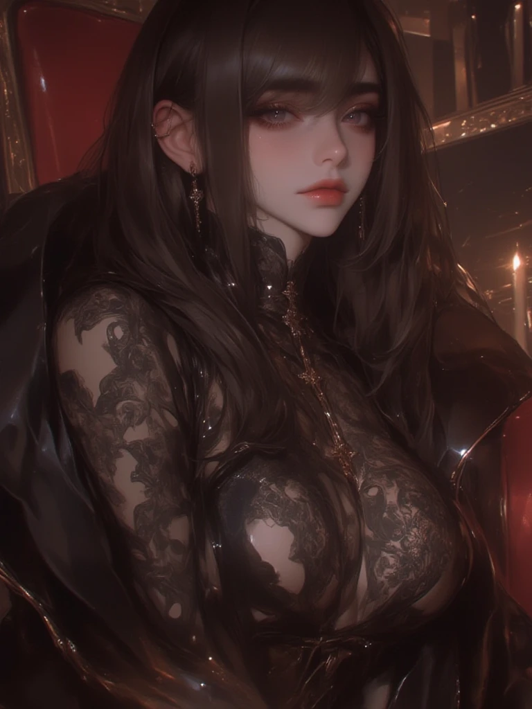 ((Highest quality, Very delicate, 8k, Highest quality, masterpiece)), (tattoo, Tattoo, tobacco), (A face with attention to detail), One person, smile, Black nails, Black Skirt, Black Hair, choker, Earrings, spike, Large Breasts, Visible Underwear, 黒jacket, garter belt, sofa, Sitting,