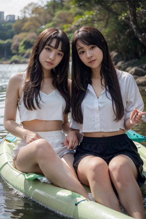 RAW Photos, Highest quality, High resolution, Very detailed、 8K image quality,、T-Shirts、Swimwear、Good friend duo、Japanese、Idols、Boat fishing