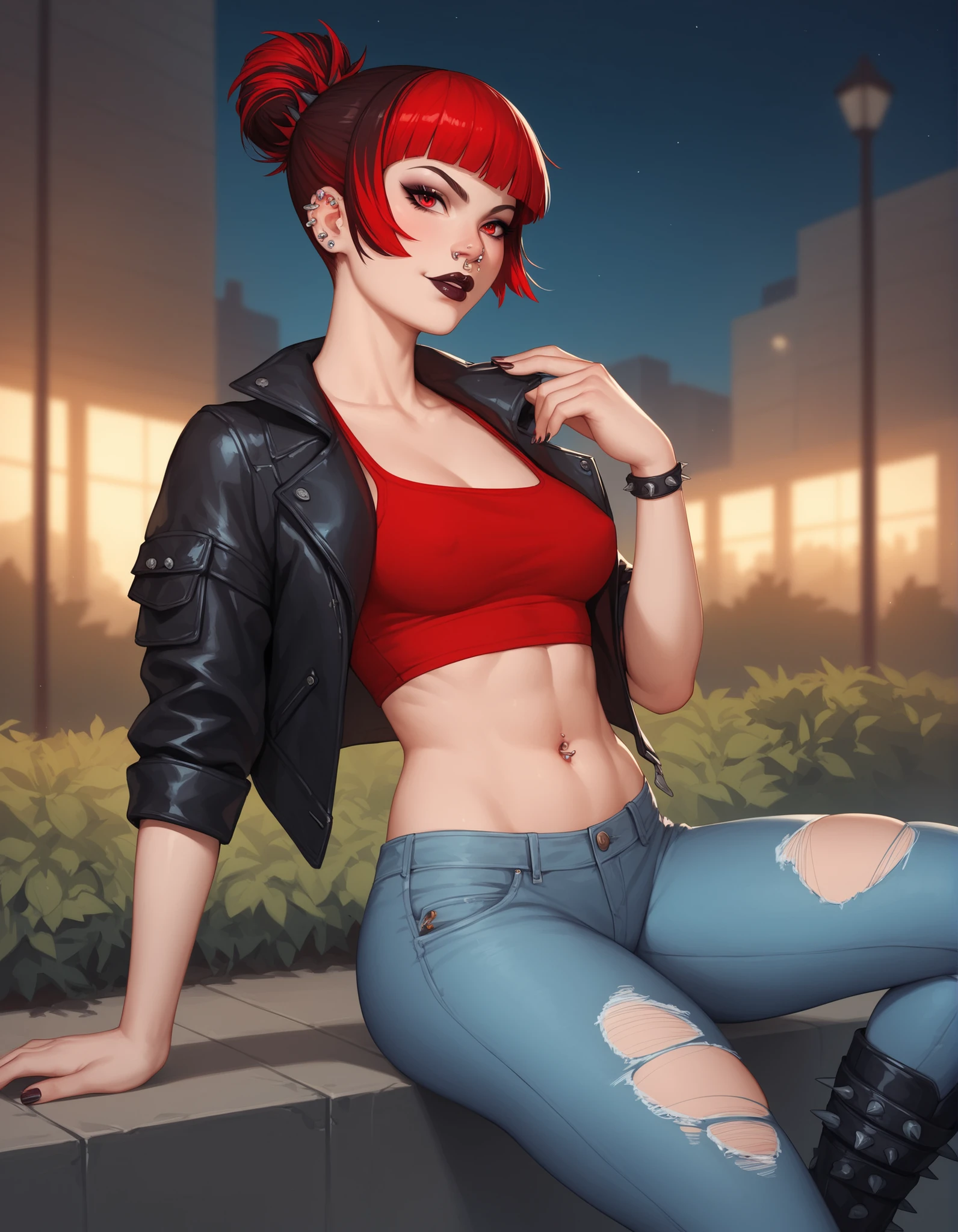 a young woman. Short hair up to her shoulders, cut in medium bob cut, and black with red highlights, red eyes, pele clara. She wears dark lipstick, hair fringe is separated in the middle by silver clips, has several piercings on her ears, piercings also in the mouth, on the eyebrow, On the nose and navel. She wears a tight and short simple red blouse, a black overcoat, jeans torn at the front also, long boots with some silver thorns. she has a thin body, with short breasts and a bulky and big butt. She is in a park at night, with one hand at the waist.