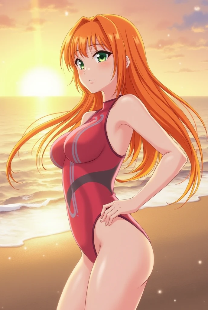 Anime girl in shiny orange one-piece swimsuit with red bow, Orange tanksuit, In an orange one-piece swimsuit, garments:Competitive swimsuit, Seductive Anime Girl, anime goddess, Ecchi anime style, blonde anime girl with long hair, knights of zodiac girl, Beautiful charming anime madam,large full breasts
