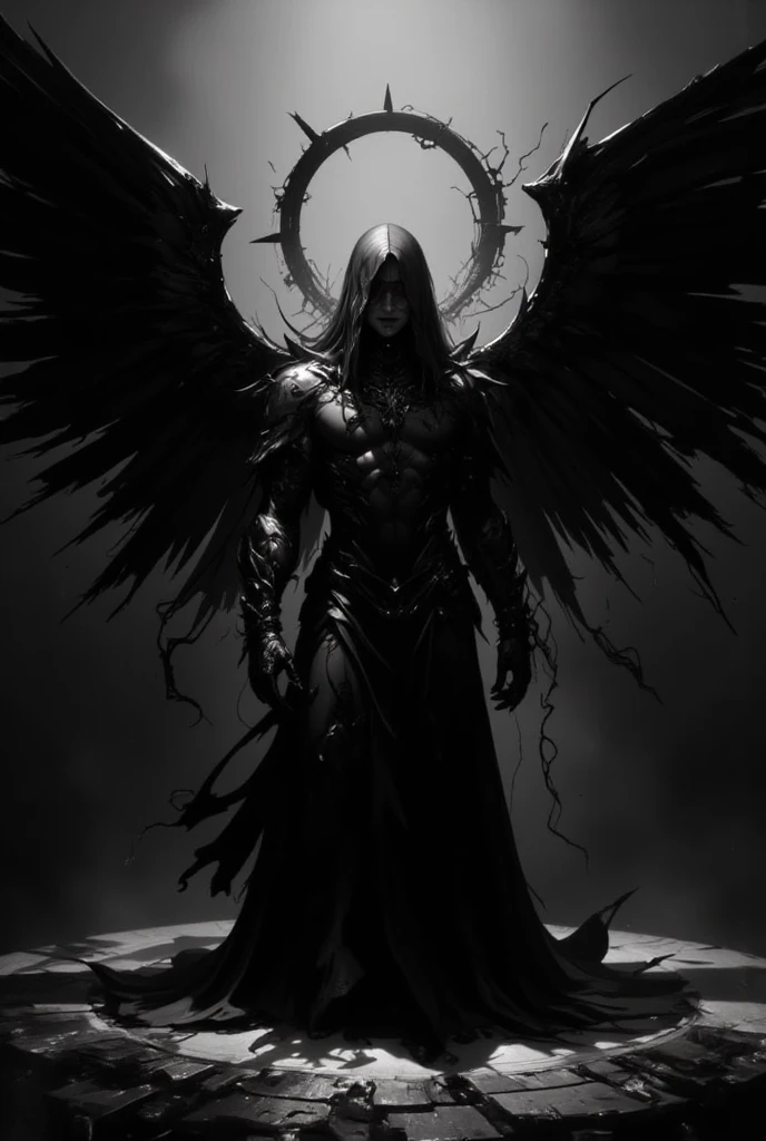 A painting of dark fallen angel Lucifer surrounded by dark wings, black and white Möbius strip, spinning and tumbling white wings and dark angels, deathcore style, layered image with subtle irony, Himalayan art