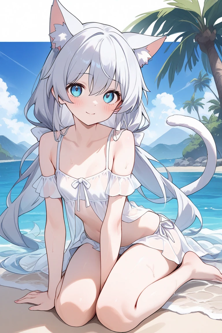 cute, young, , small breasts, catgirl, nude, happy, on beach, fluffy white tail, long hair, proud, white hair, confident pose, long tail