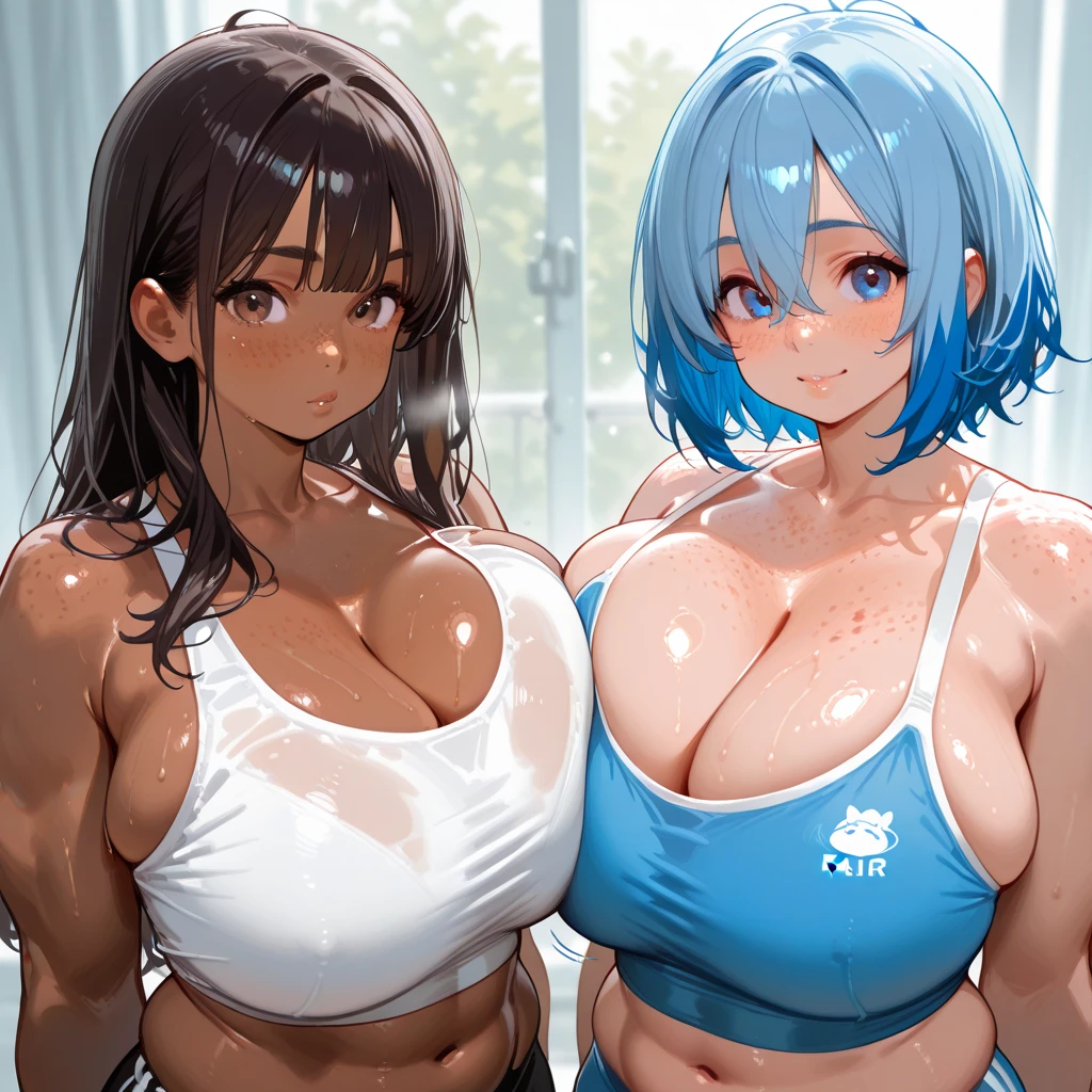 2girls,Extremely large breasts,Secretion of milk,milk,Get wet,full of sweat,gymnastic suit,love heart,jogging