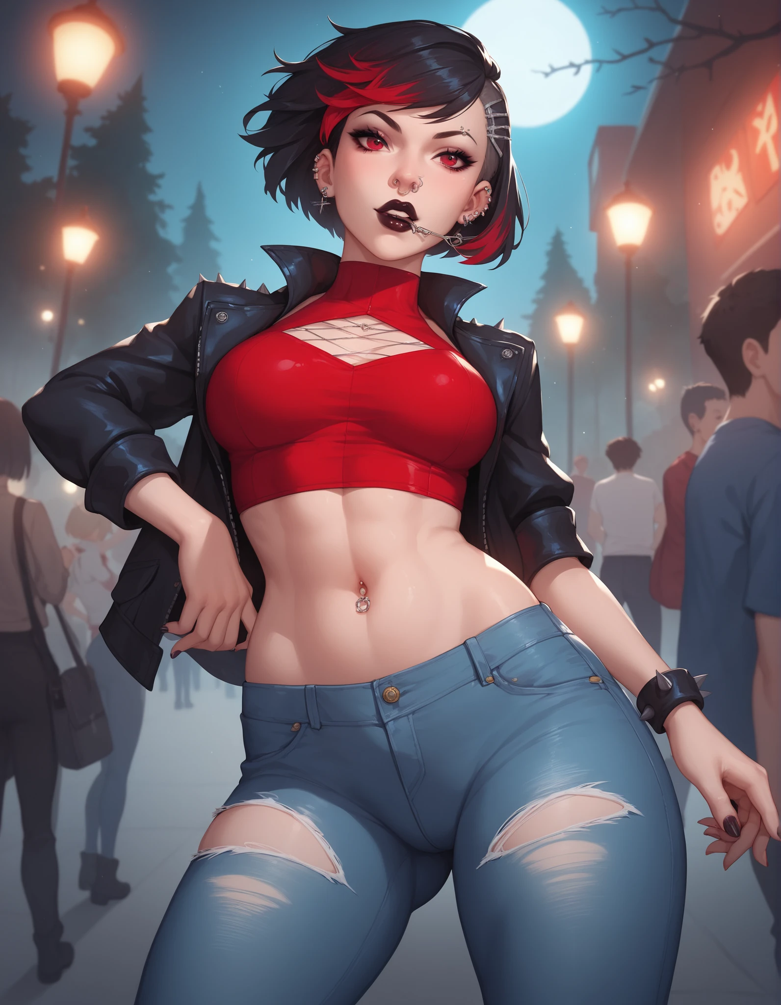 a young woman. Short hair up to her shoulders, cut in medium bob cut, and black with red highlights, red eyes, pele clara. She wears dark lipstick, silver clips on the side of the hair, has several piercings on her ears, piercings also in the mouth, on the eyebrow, On the nose and navel. She wears a tight and short simple red blouse, a black overcoat, jeans torn in the front black also, long boots with some silver thorns. she has a thin body, with short breasts and a bulky and big butt. She is in a park at night, with one hand at the waist.