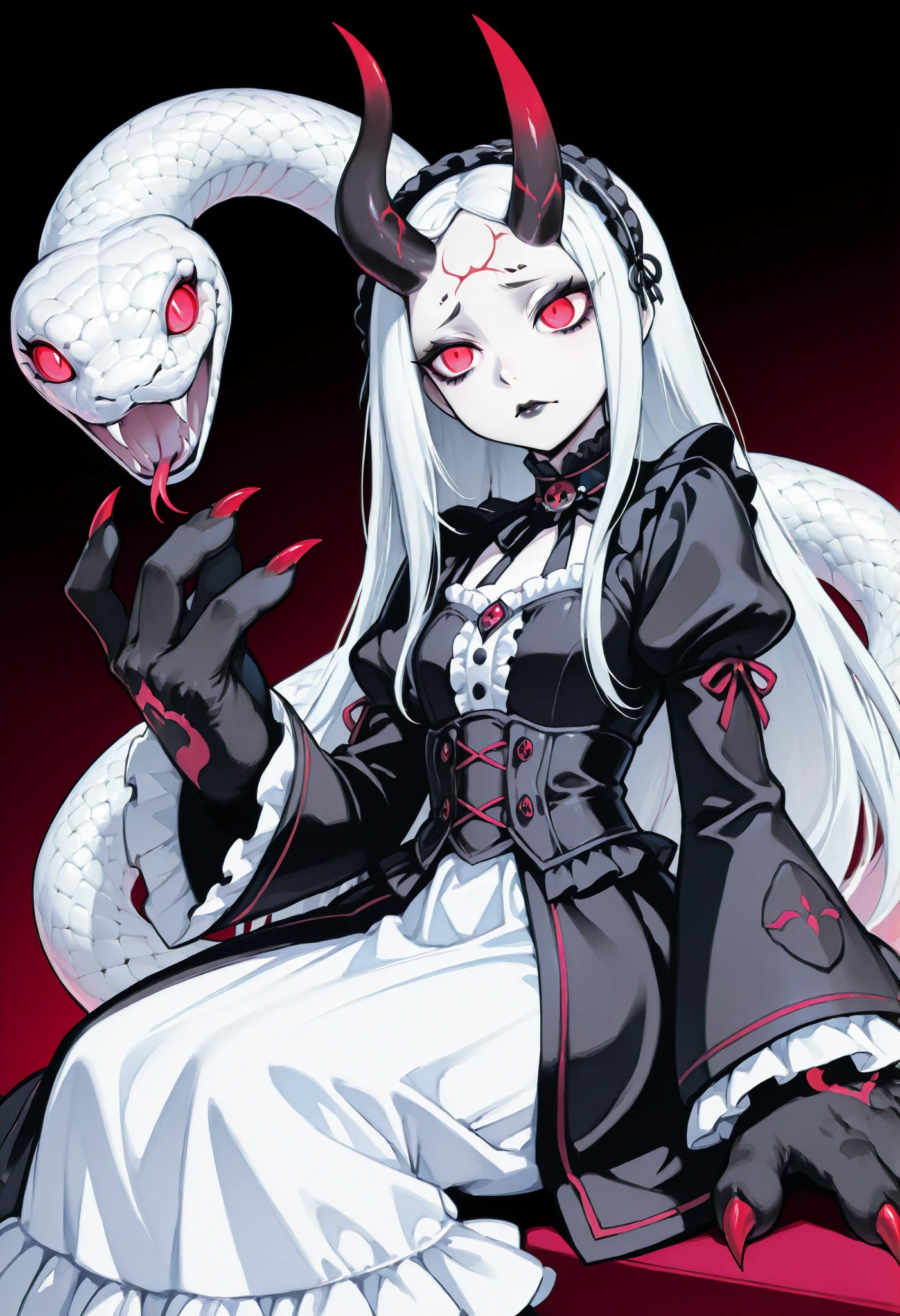 A girl in a gothic dress. White hair. Long hair. One-sided horn on forehead. Worried eyes. Glowing red eyes. Black lips. Black costume. White frills. Big hands. Sharp claws. Sitting. A snake nearby. A big snake.