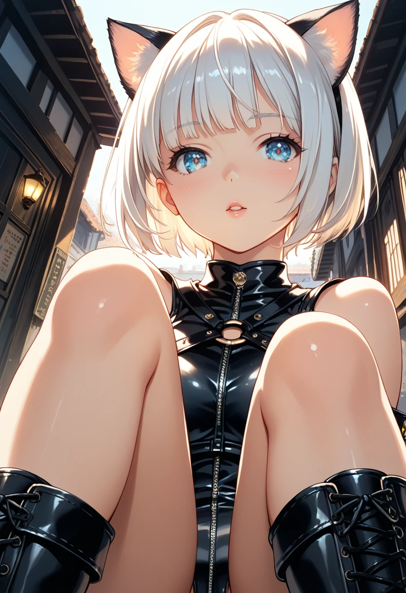 Girl with a wooden plank on her shoulder(The girl's neck and both wrists pierce the planks)、qipao dress(Black、high socks、Long gloves)、prison(stone pavement、chains)