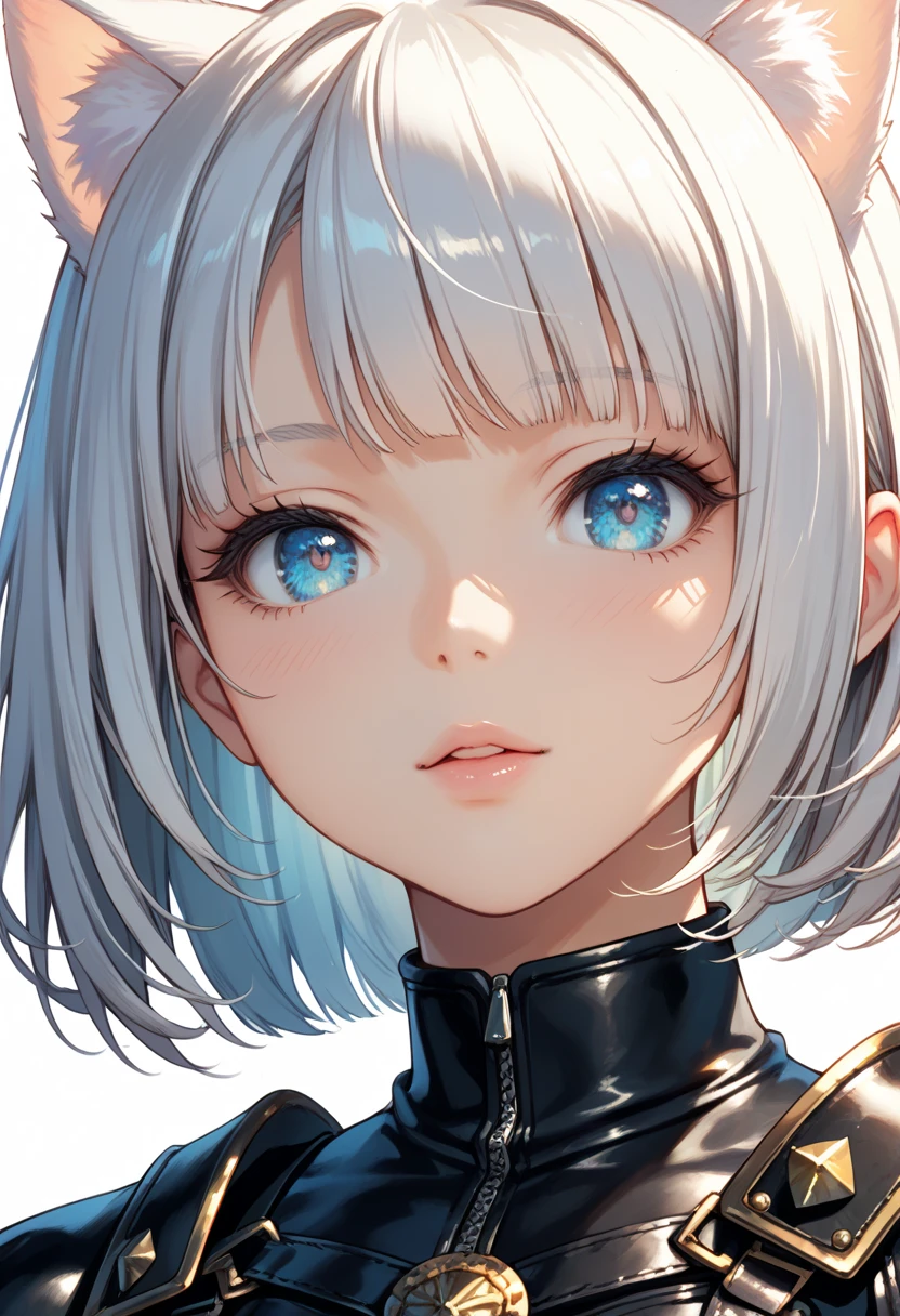 a young girl with pale skin, rosy complexion, large bright blue eyes with vivid details and shiny reflections giving a very lifelike and expressive appearance, neutral but gentle facial expression, slightly parted mouth, short white hair with slightly wavy and well-groomed style, golden metallic technological or ornamental elements fixed in the hair adding a futuristic touch, slim body, wearing a futuristic bodysuit made of shiny materials, mostly golden with black accents and integrated blue luminous technological elements on the chest and shoulders, highly detailed design reminiscent of advanced high-tech armor, in the interior of a futuristic spacecraft or installation with windows showing an urban landscape or luminous sky, (best quality,4k,8k,highres,masterpiece:1.2),ultra-detailed,(realistic,photorealistic,photo-realistic:1.37),science fiction,concept art,cinematic lighting,intricate details,dramatic composition