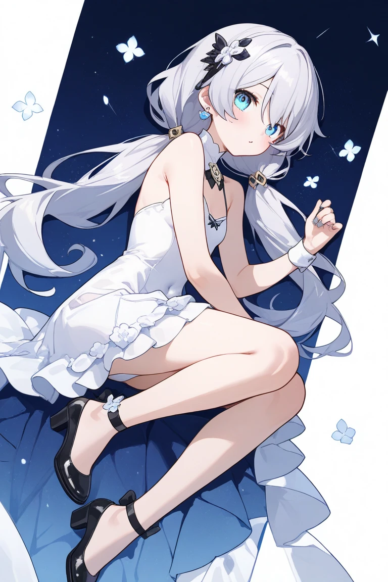Shirakami Fubuki/(Holographic live broadcast/), Lilac gradient hair,asymmetrical hair,((Hair is very thick 1.8,Hair is well-defined1.6)), hair past shoulders, messy hair, very long hair, shiny hair,(long gray hair:1.2),a beautiful girl,(Luxurious Platinum Mini Lolita,Made of transparent material),(Transparent clothes transparent 1.8),Perfect body,high and high,slim,(looks sad,Looking haggard、pale ,sad,shut your mouth:1.2) Against the backdrop of an unusually bright dark starry sky,(Put your hands behind your back),(round, medium large, firm breasts),barefoot,float,water surface,(long legs,long legs,long legs,Perfect leg shape),full-body shot。