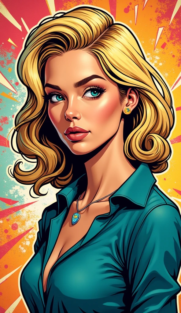 Blonde businesswoman,shirt,gesturing,pointing,standing,perfection,detailed hands,object behind her,medium:oil painting,ultra-detailed description,best quality,4k,highres,masterpiece:1.2,realistic,vivid colors,studio lighting